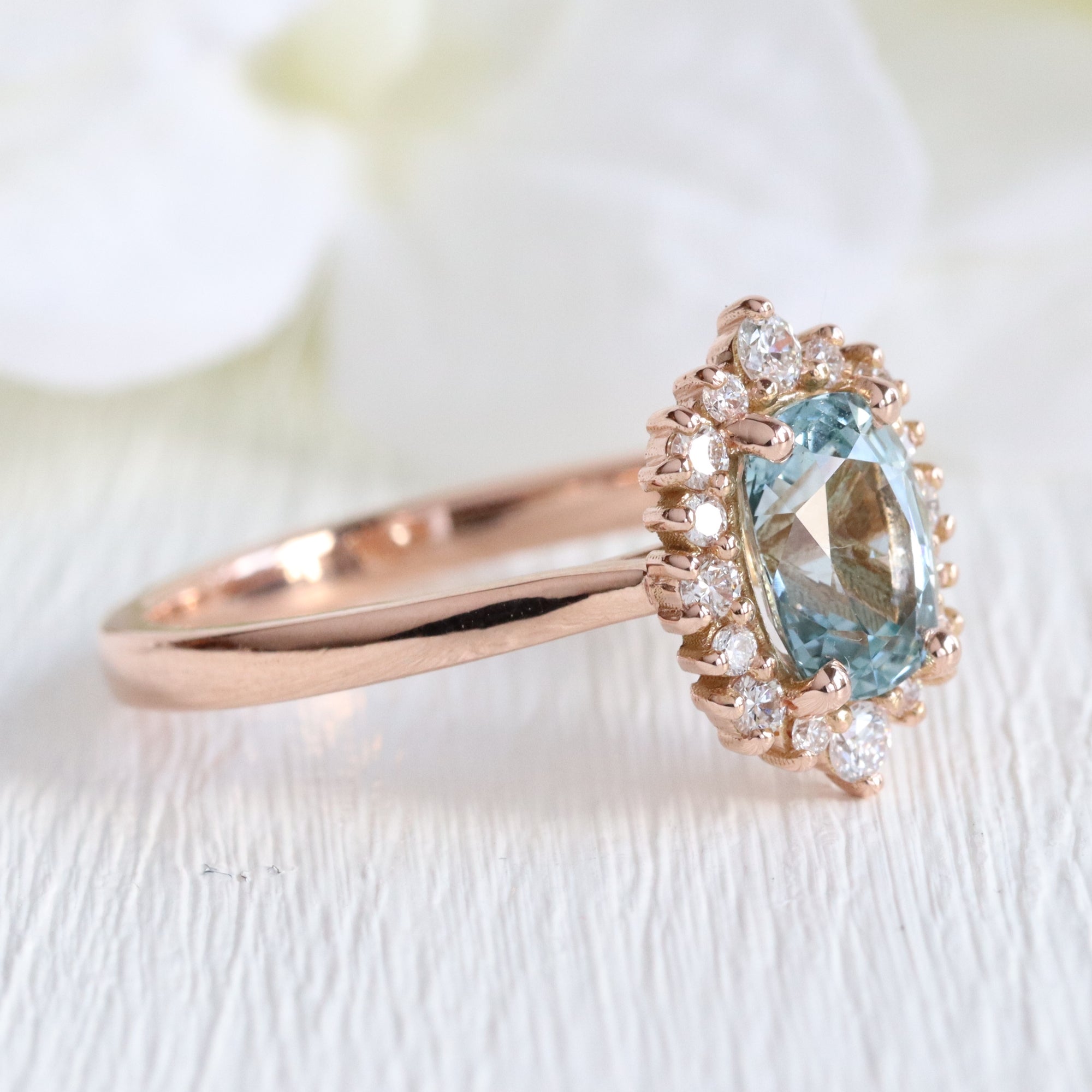 Cushion aqua blue sapphire ring rose gold halo diamond sapphire engagement ring la more design jewelry