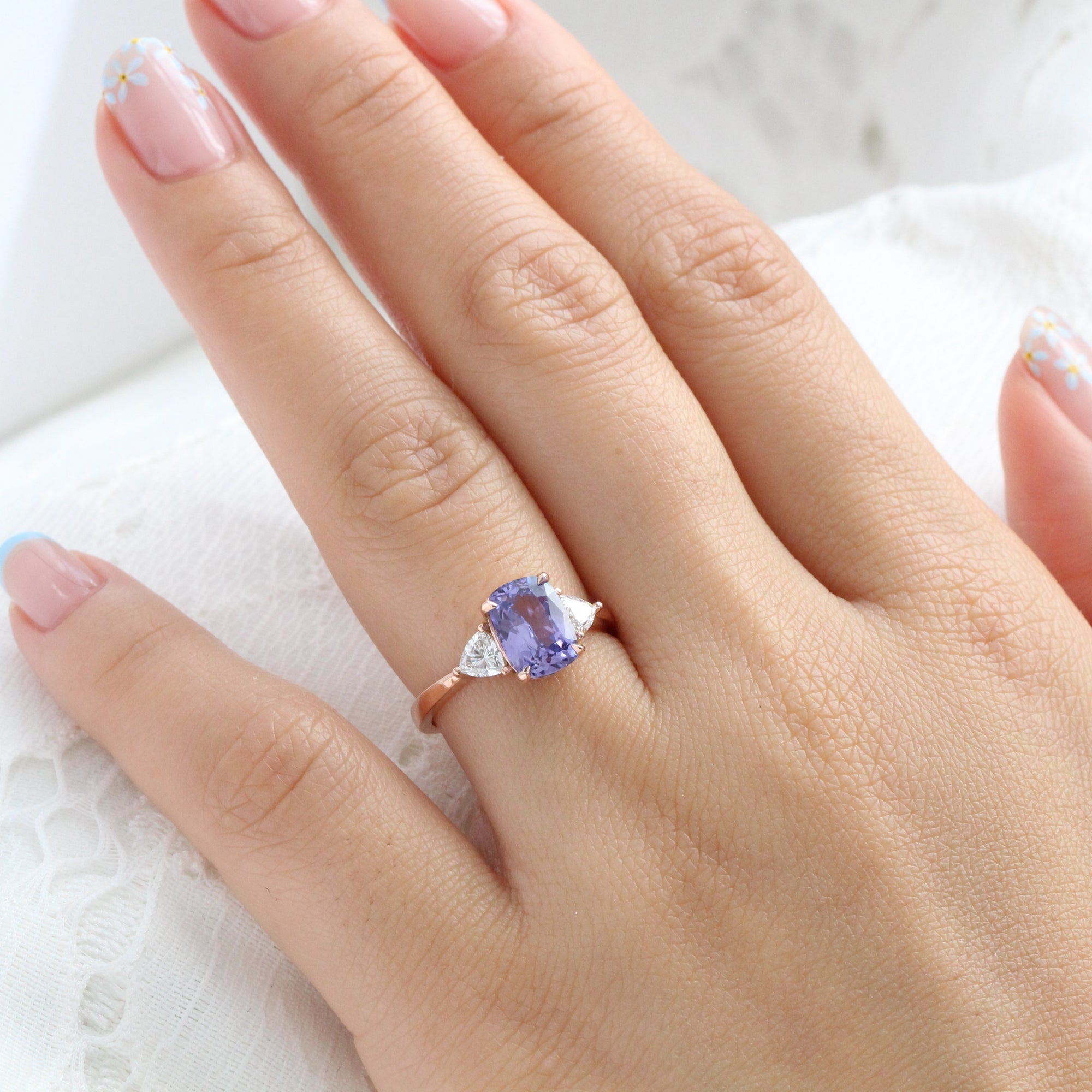 Cushion lavender purple sapphire ring rose gold 3 stone diamond ring la more design jewelry