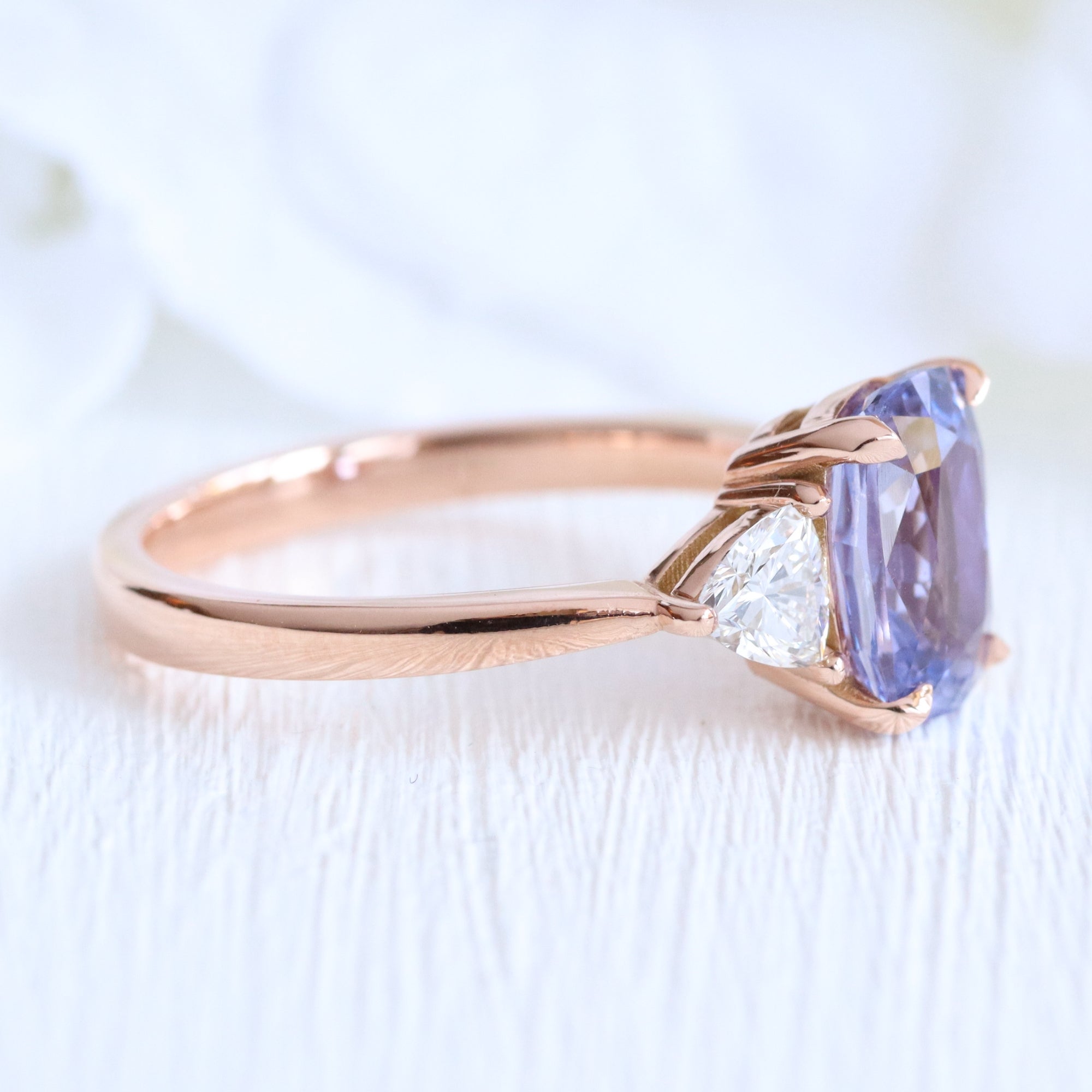 Cushion lavender purple sapphire ring rose gold 3 stone diamond ring la more design jewelry