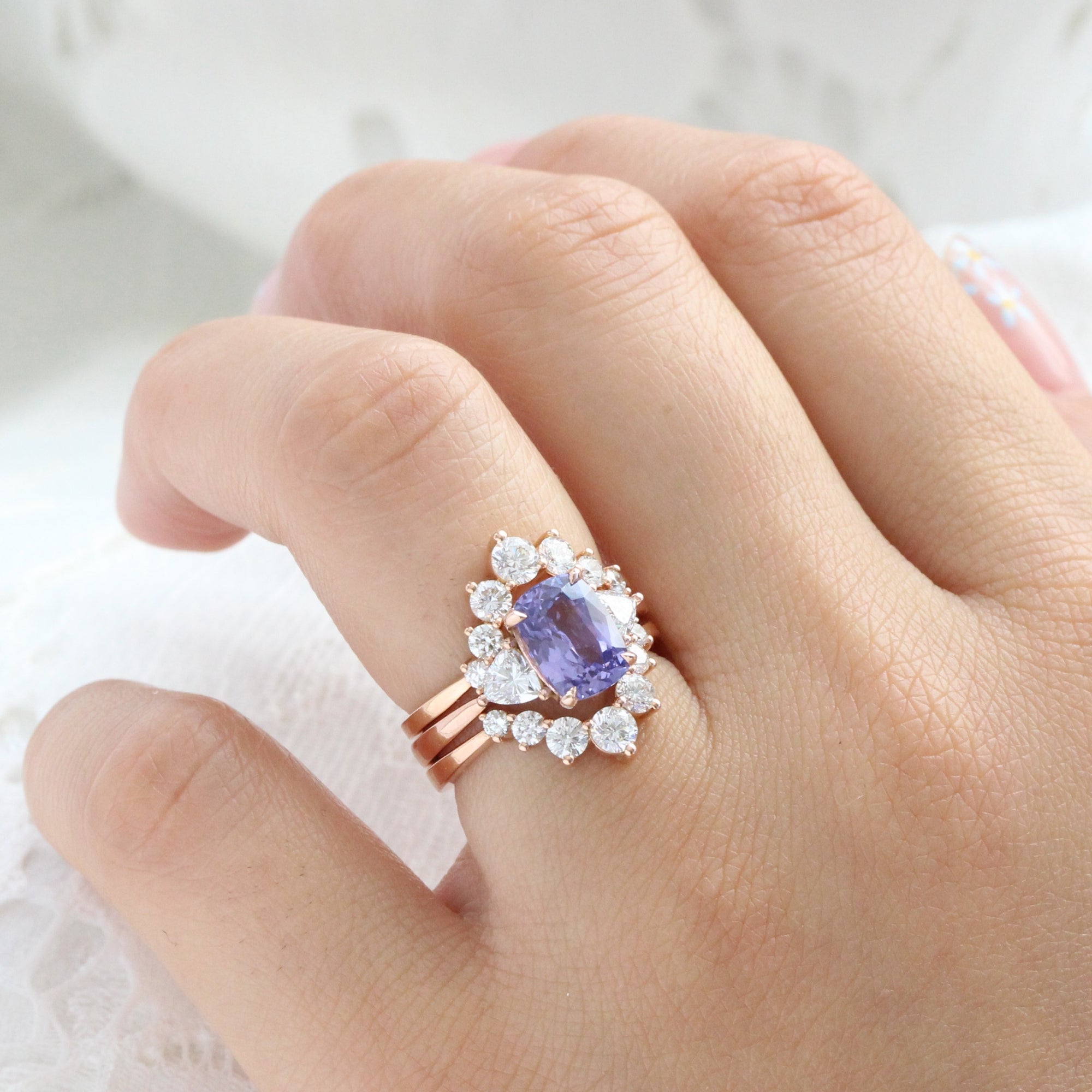 Cushion lavender purple sapphire ring rose gold 3 stone diamond ring la more design jewelry