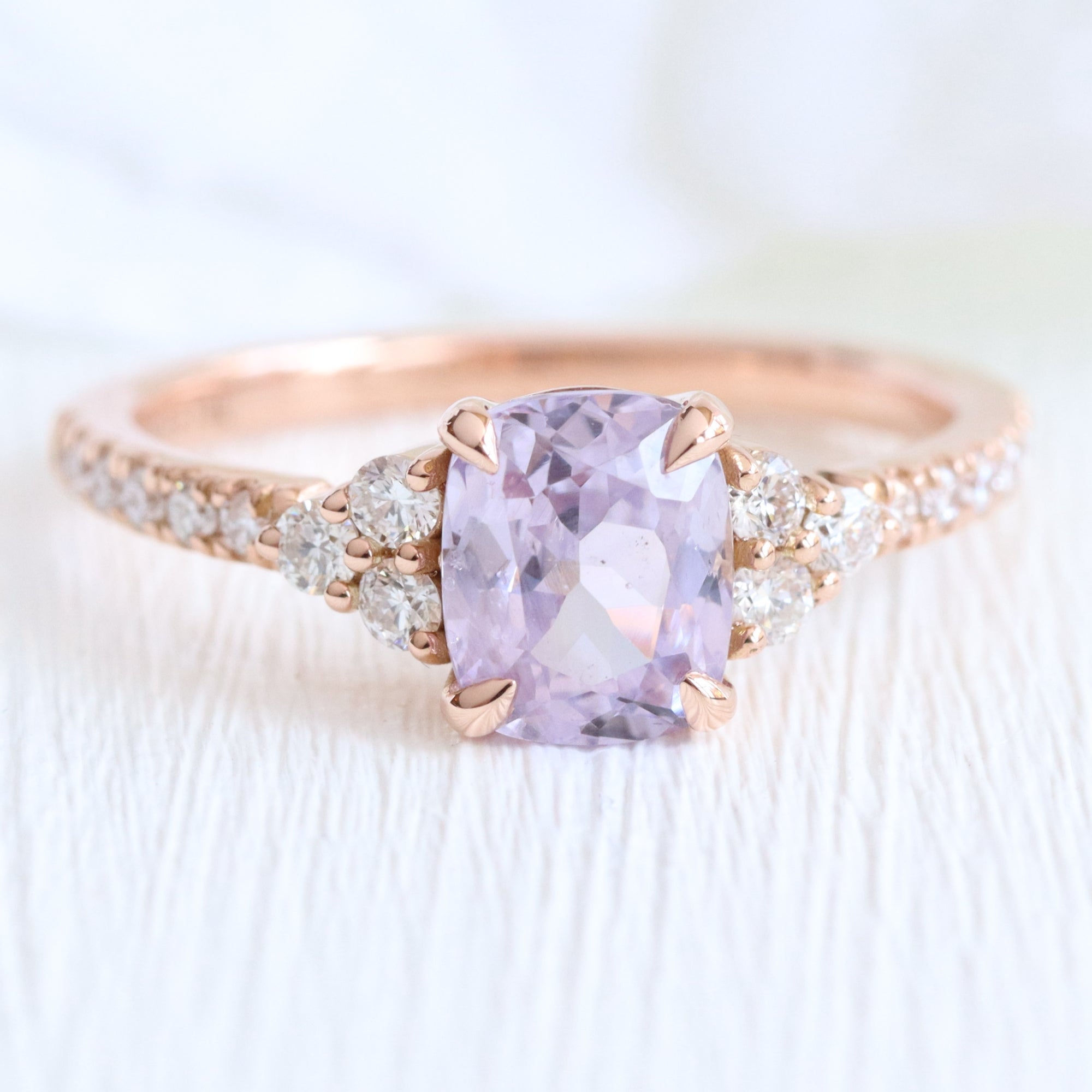 Cushion lavender sapphire ring rose gold 3 stone diamond ring la more design jewelry