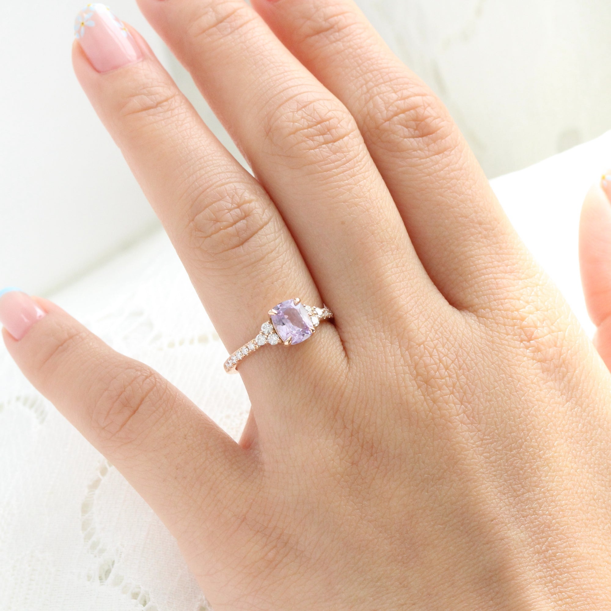 Cushion lavender sapphire ring rose gold 3 stone diamond ring la more design jewelry