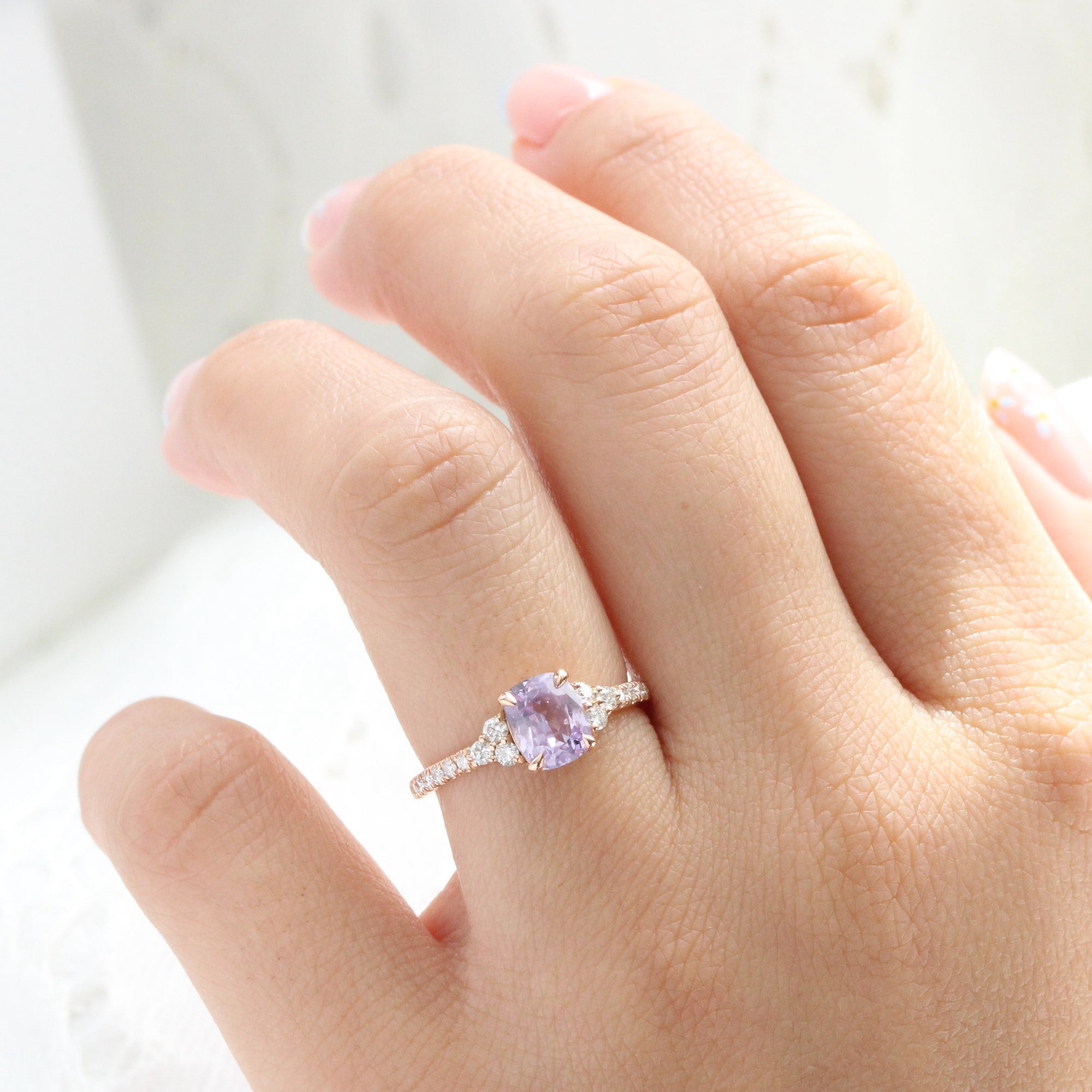 Cushion lavender sapphire ring rose gold 3 stone diamond ring la more design jewelry