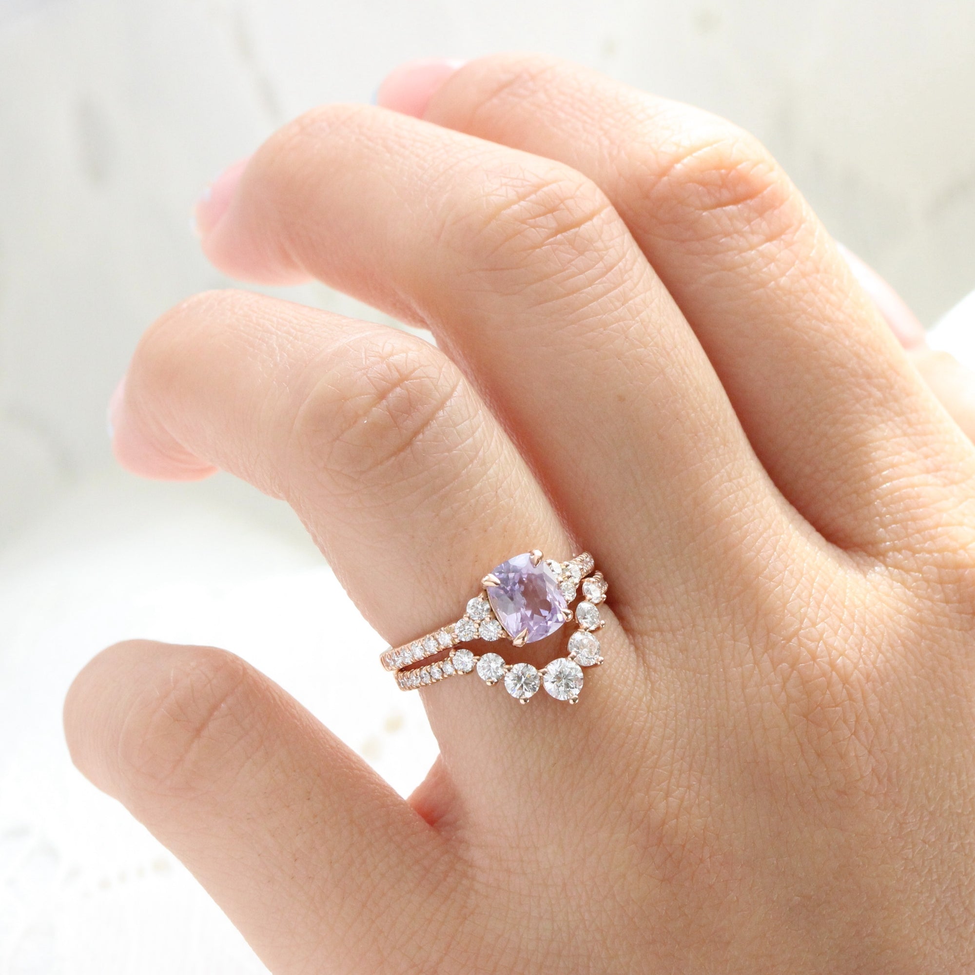 Cushion lavender sapphire ring rose gold 3 stone diamond ring la more design jewelry