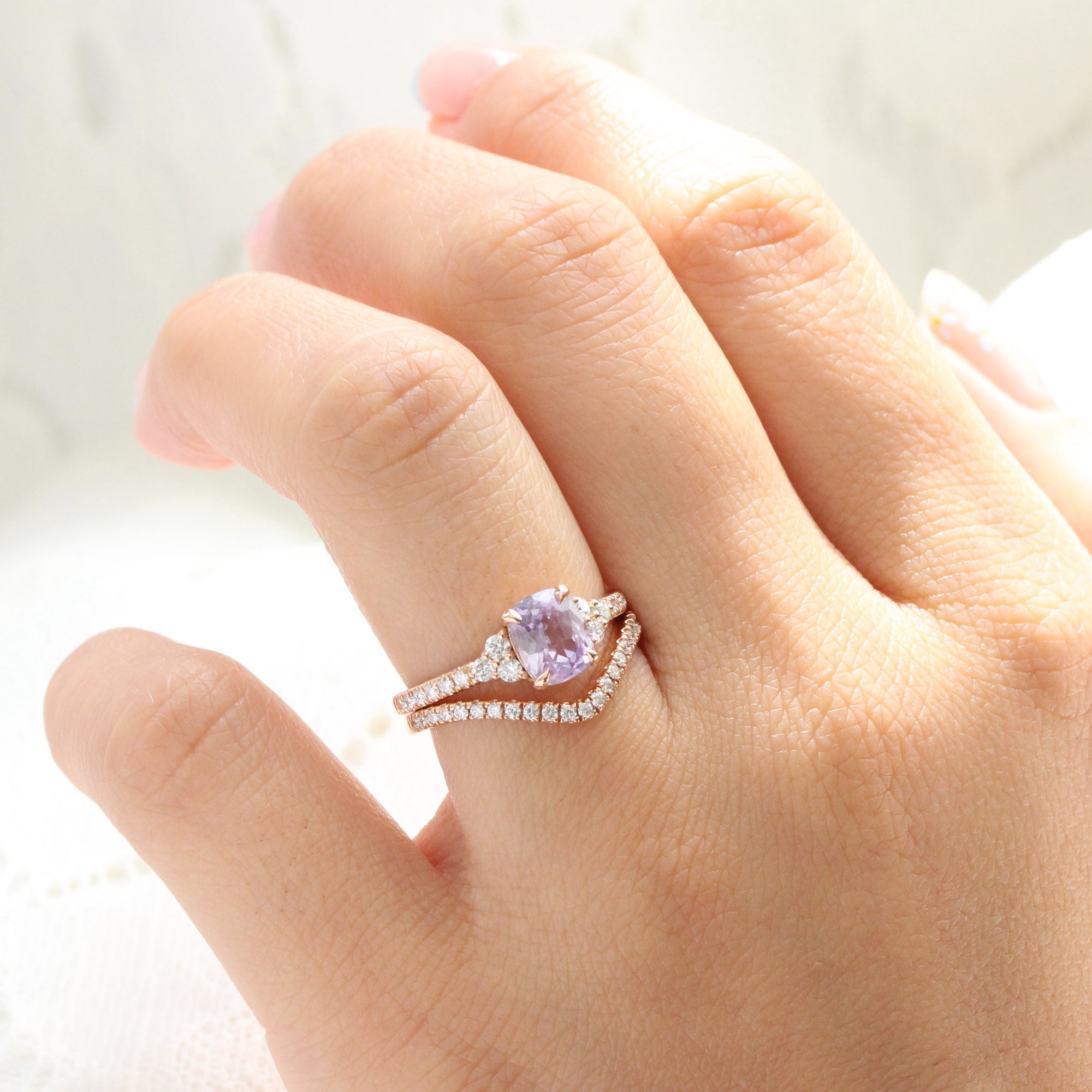 Cushion lavender sapphire ring rose gold 3 stone diamond ring la more design jewelry