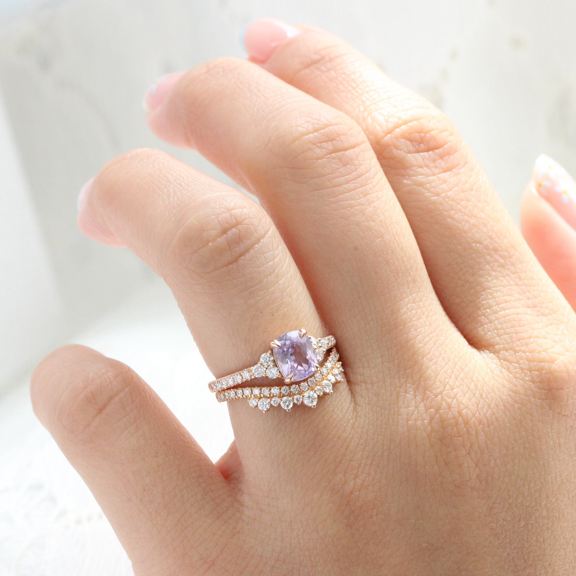 Cushion lavender sapphire ring rose gold 3 stone diamond ring la more design jewelry