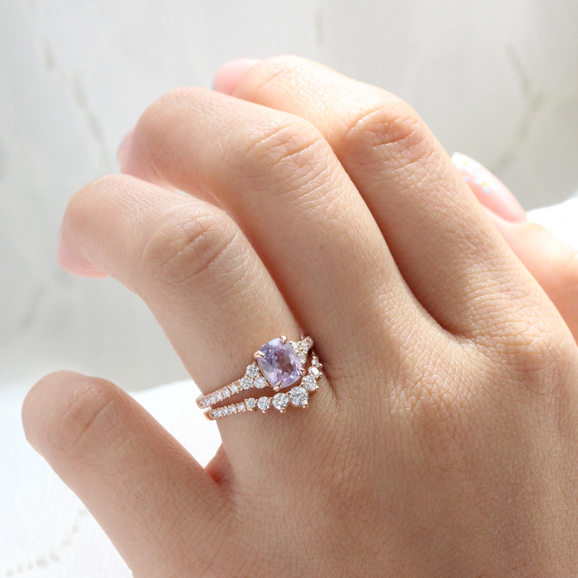 Cushion lavender sapphire ring rose gold 3 stone diamond ring la more design jewelry