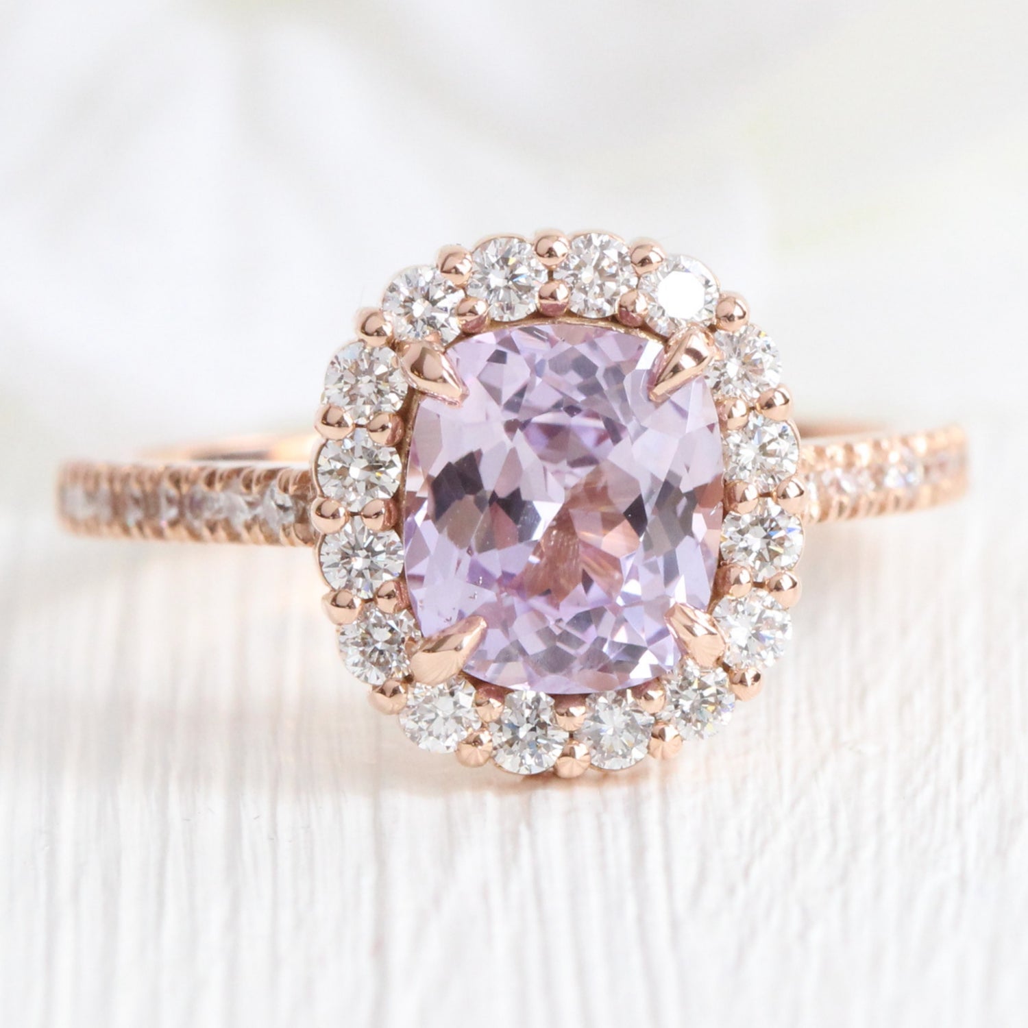 Cushion Lavender Purple Sapphire Ring Rose Gold Halo Diamond Pave Ring ...