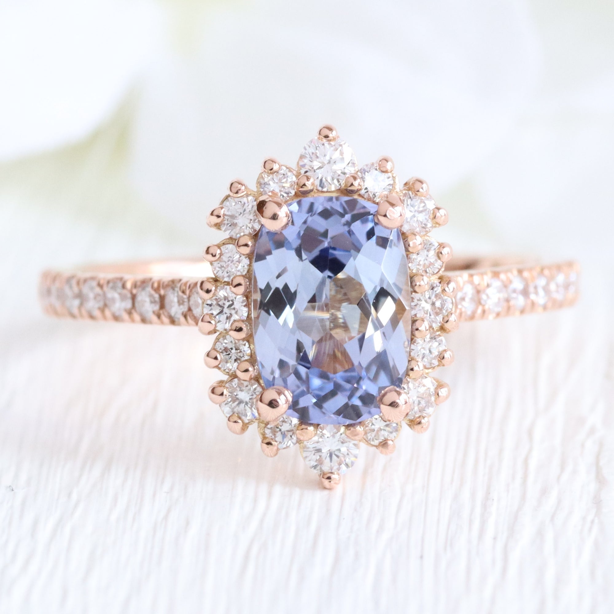 Cushion lavender sapphire ring rose gold halo diamond sapphire engagement ring la more design jewelry