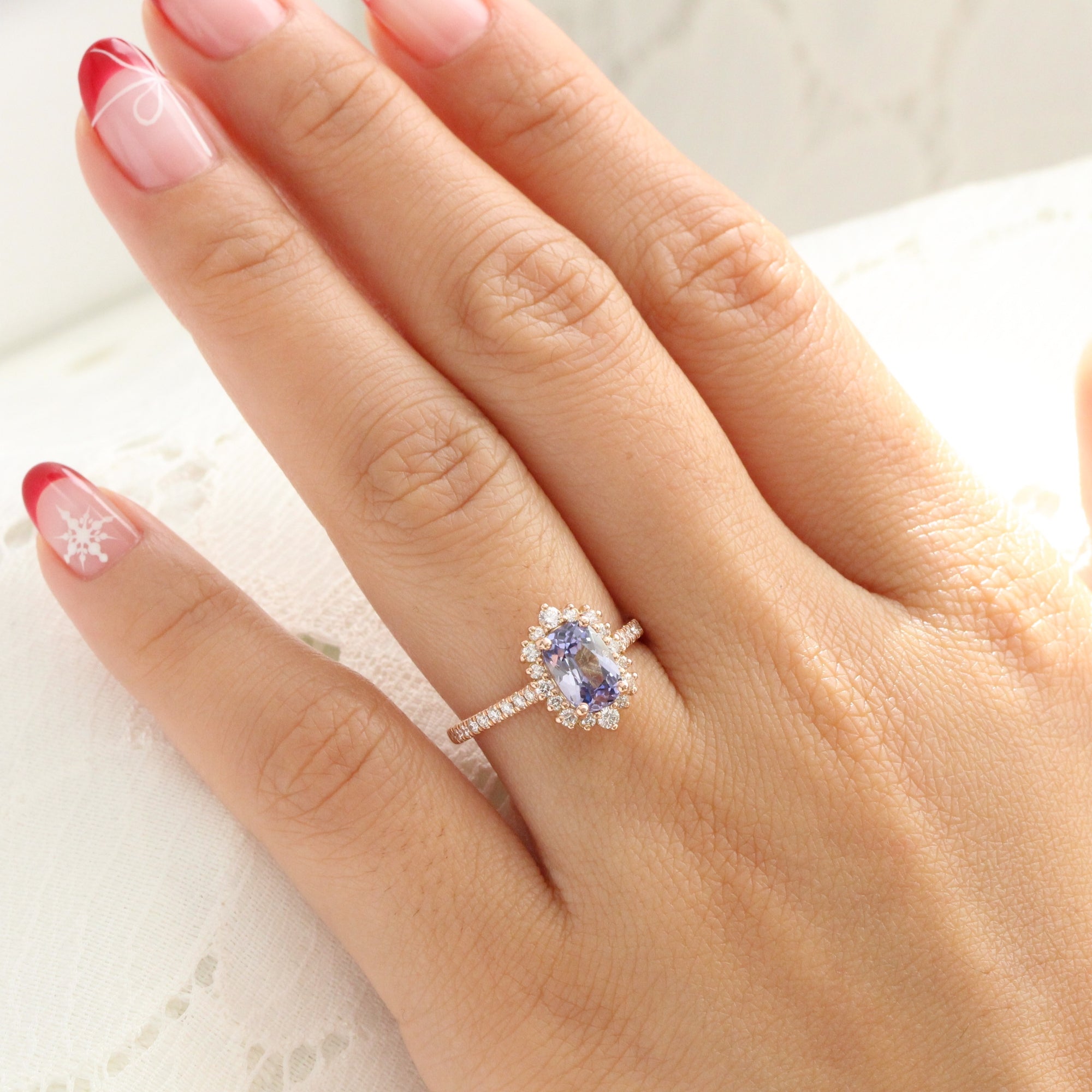 Cushion lavender sapphire ring rose gold halo diamond sapphire engagement ring la more design jewelry