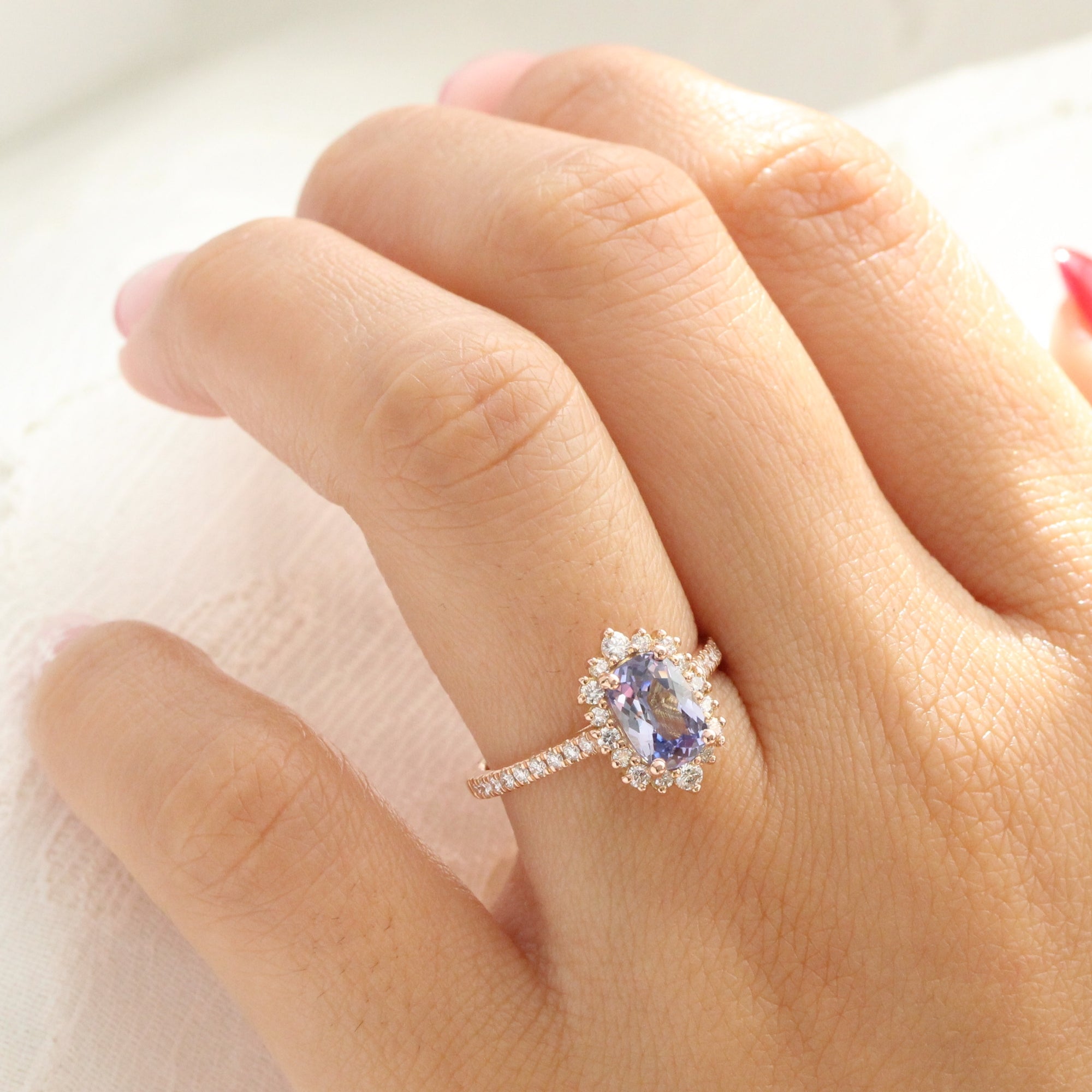 Cushion lavender sapphire ring rose gold halo diamond sapphire engagement ring la more design jewelry