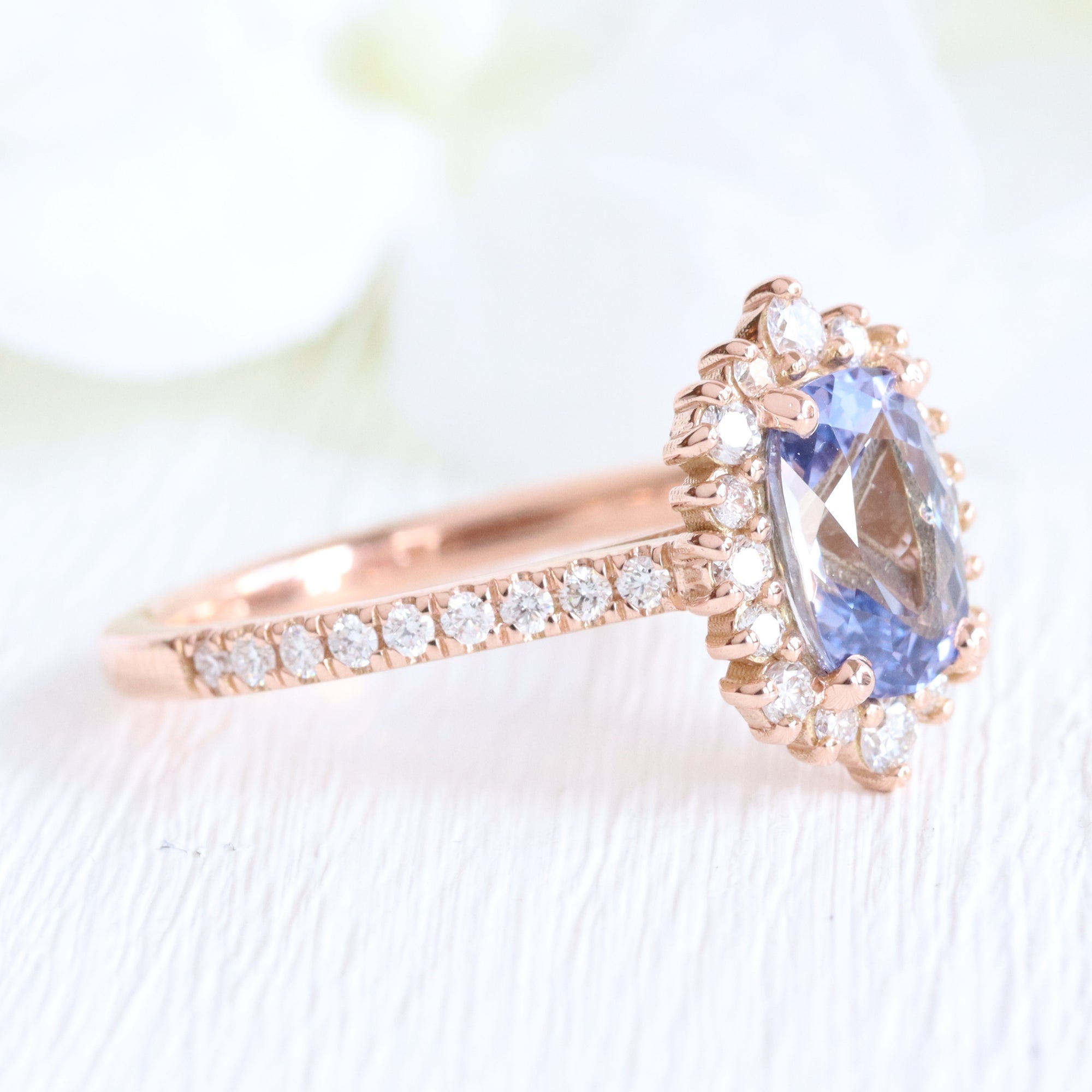 Cushion lavender sapphire ring rose gold halo diamond sapphire engagement ring la more design jewelry