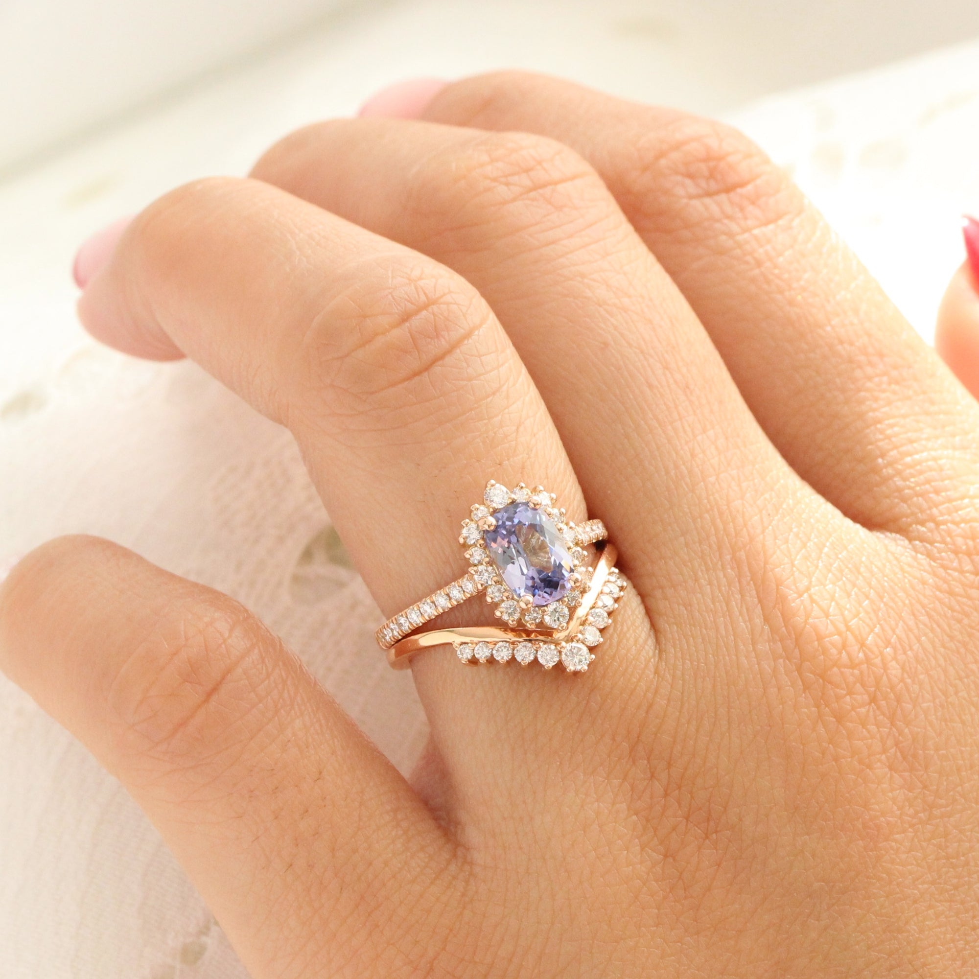 Cushion lavender sapphire ring rose gold halo diamond sapphire engagement ring la more design jewelry