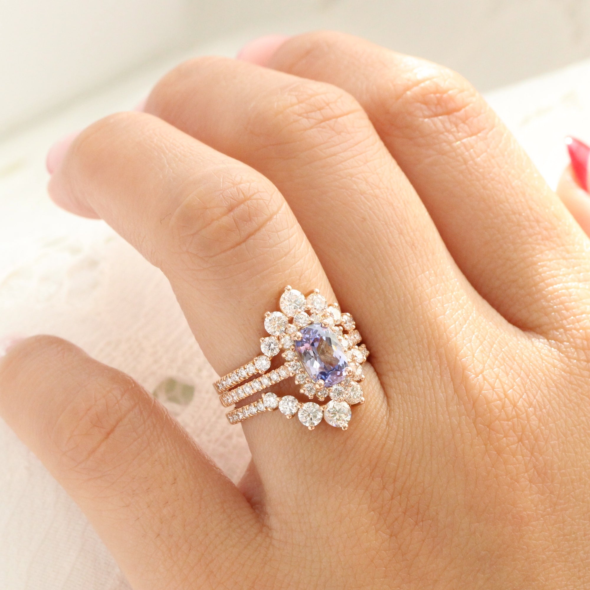 Cushion lavender sapphire ring rose gold halo diamond sapphire engagement ring la more design jewelry