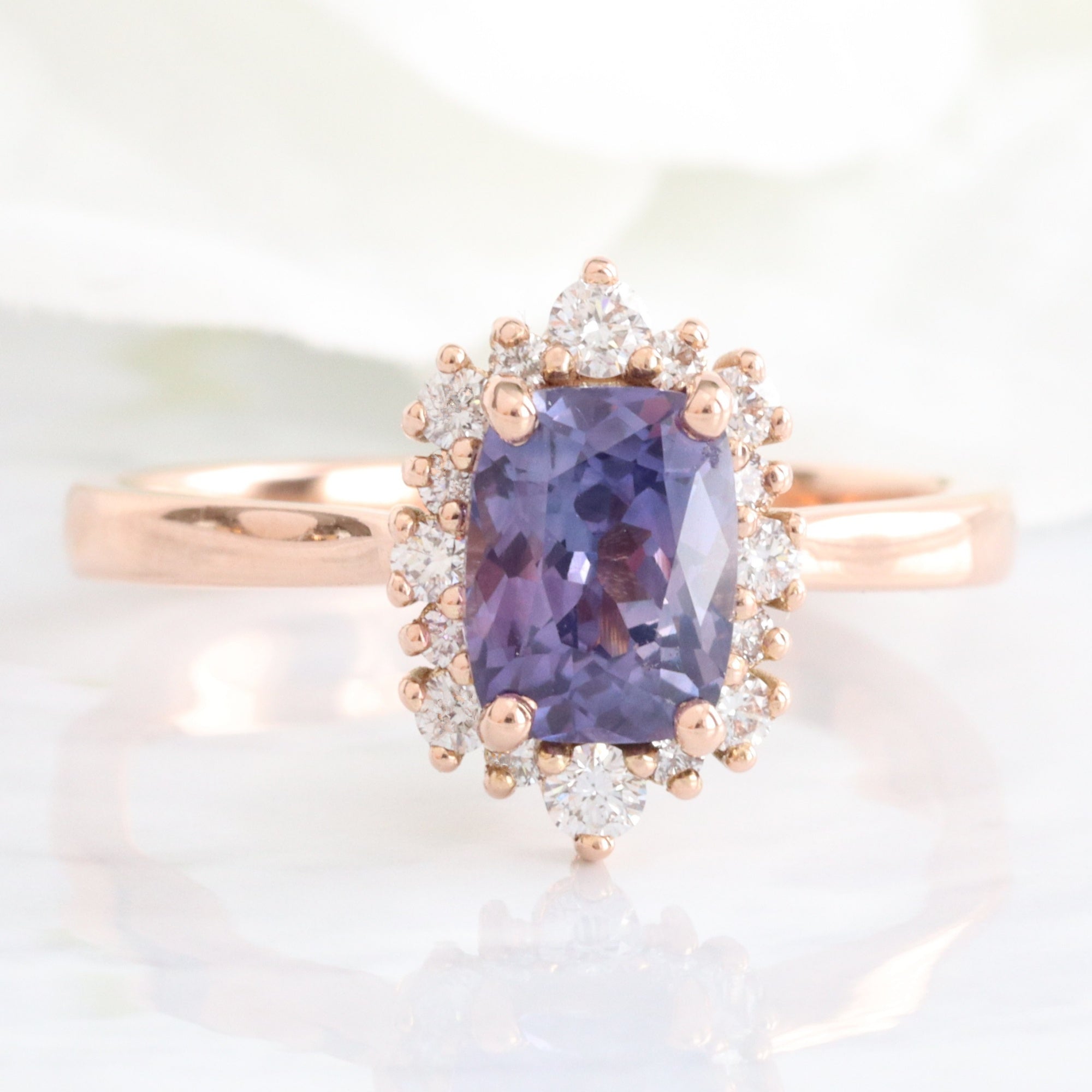 Cushion purple sapphire engagement ring rose gold halo diamond sapphire ring la more design jewelry