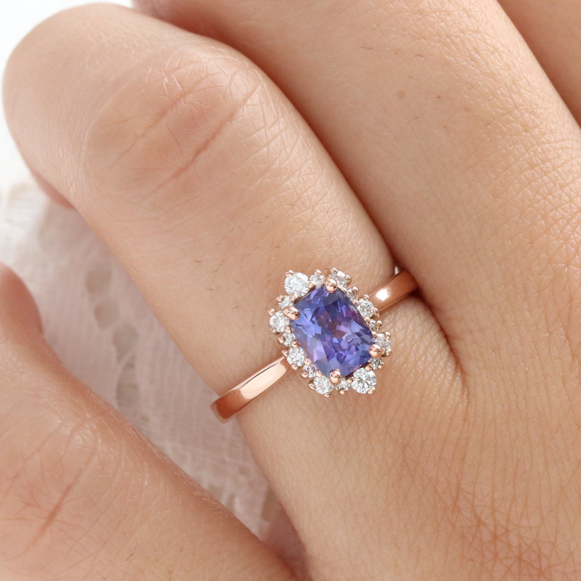 Cushion purple sapphire engagement ring rose gold halo diamond sapphire ring la more design jewelry