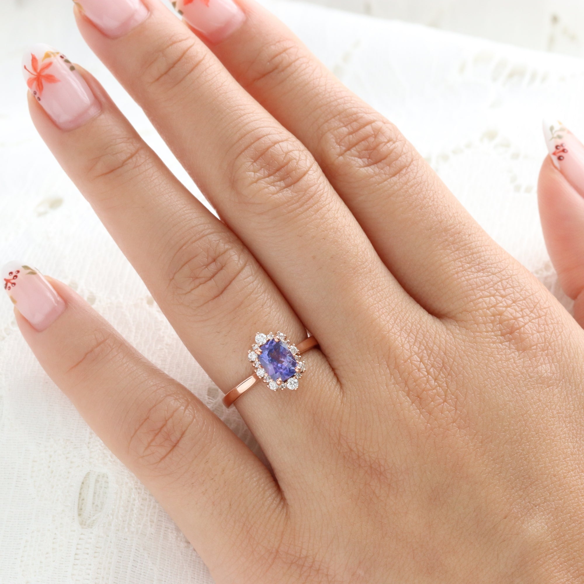 Cushion purple sapphire engagement ring rose gold halo diamond sapphire ring la more design jewelry