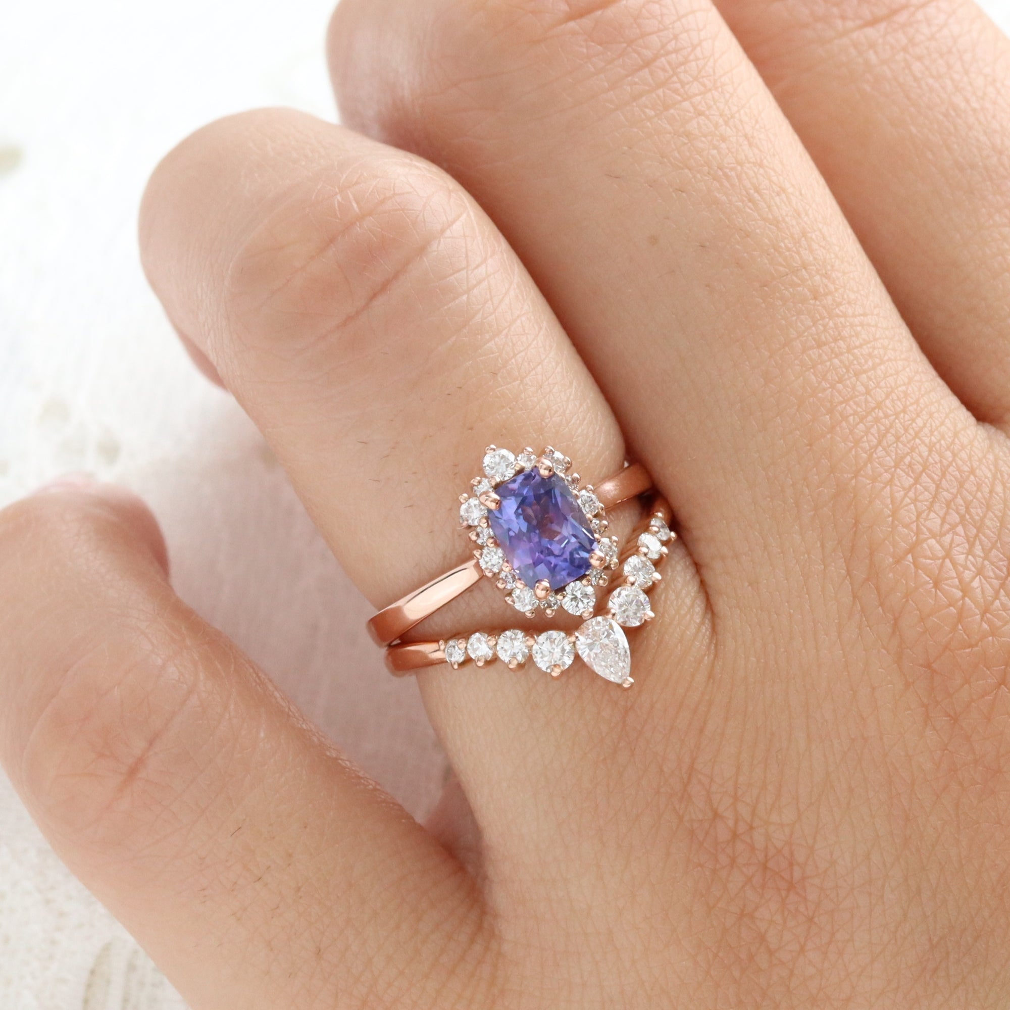 Cushion purple sapphire engagement ring rose gold halo diamond sapphire ring la more design jewelry