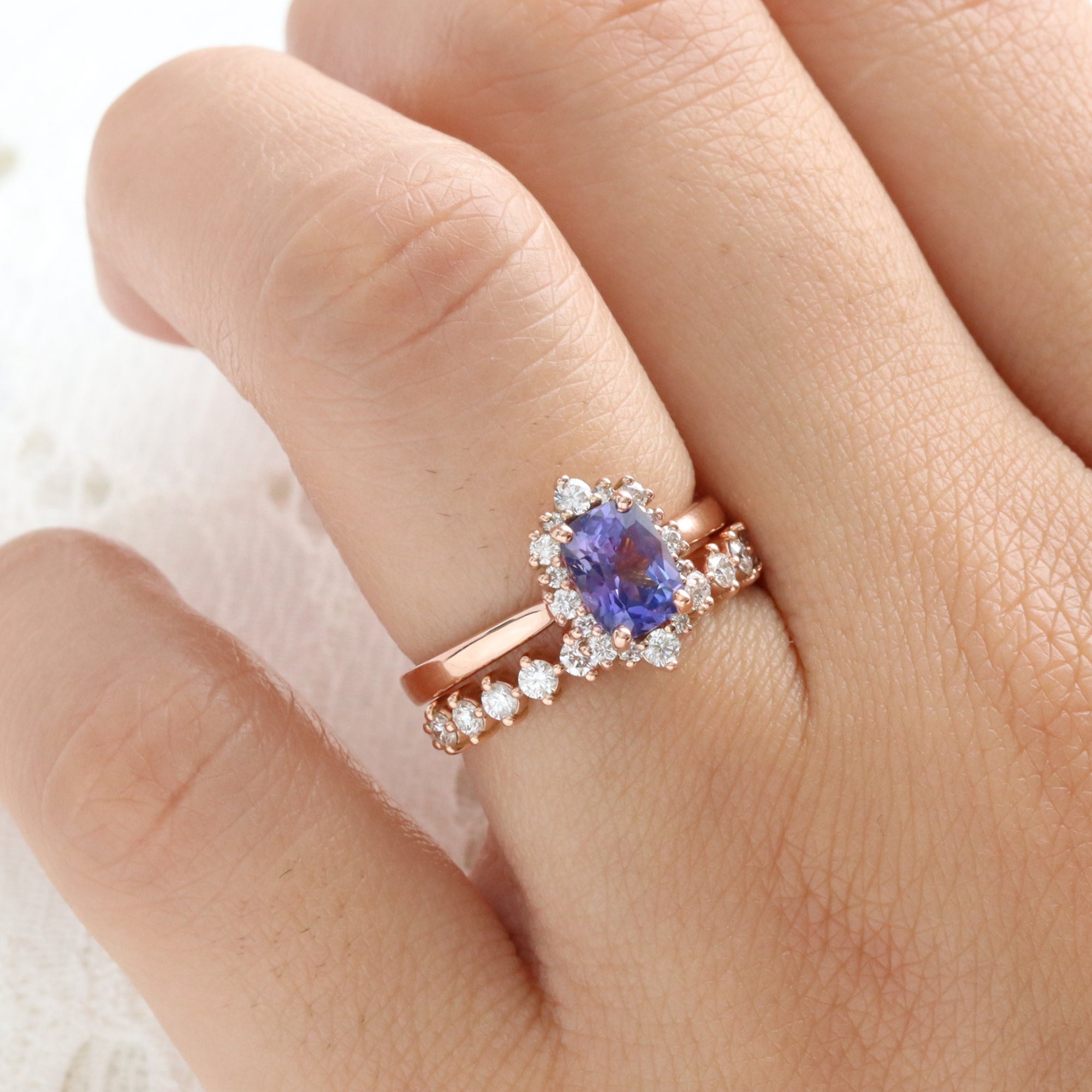 Cushion purple sapphire engagement ring rose gold halo diamond sapphire ring la more design jewelry