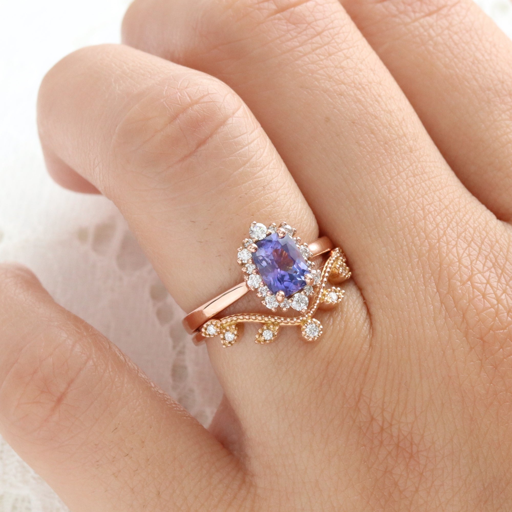 Cushion purple sapphire engagement ring rose gold halo diamond sapphire ring la more design jewelry