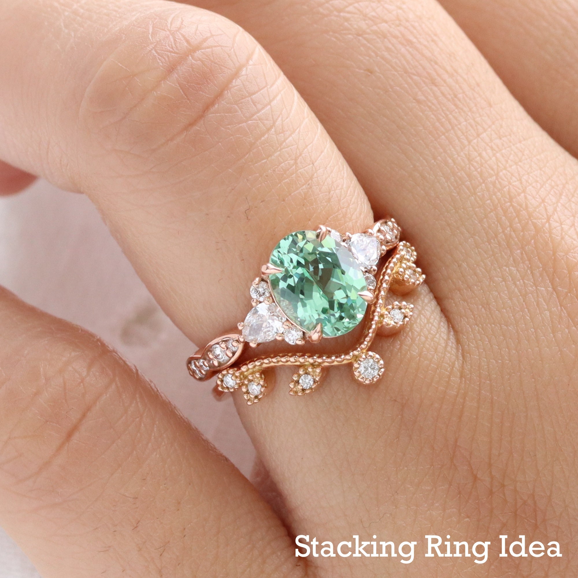 Floral style oval green sapphire ring bridal set rose gold 3 stone sapphire and diamond ring stack la more design jewelry