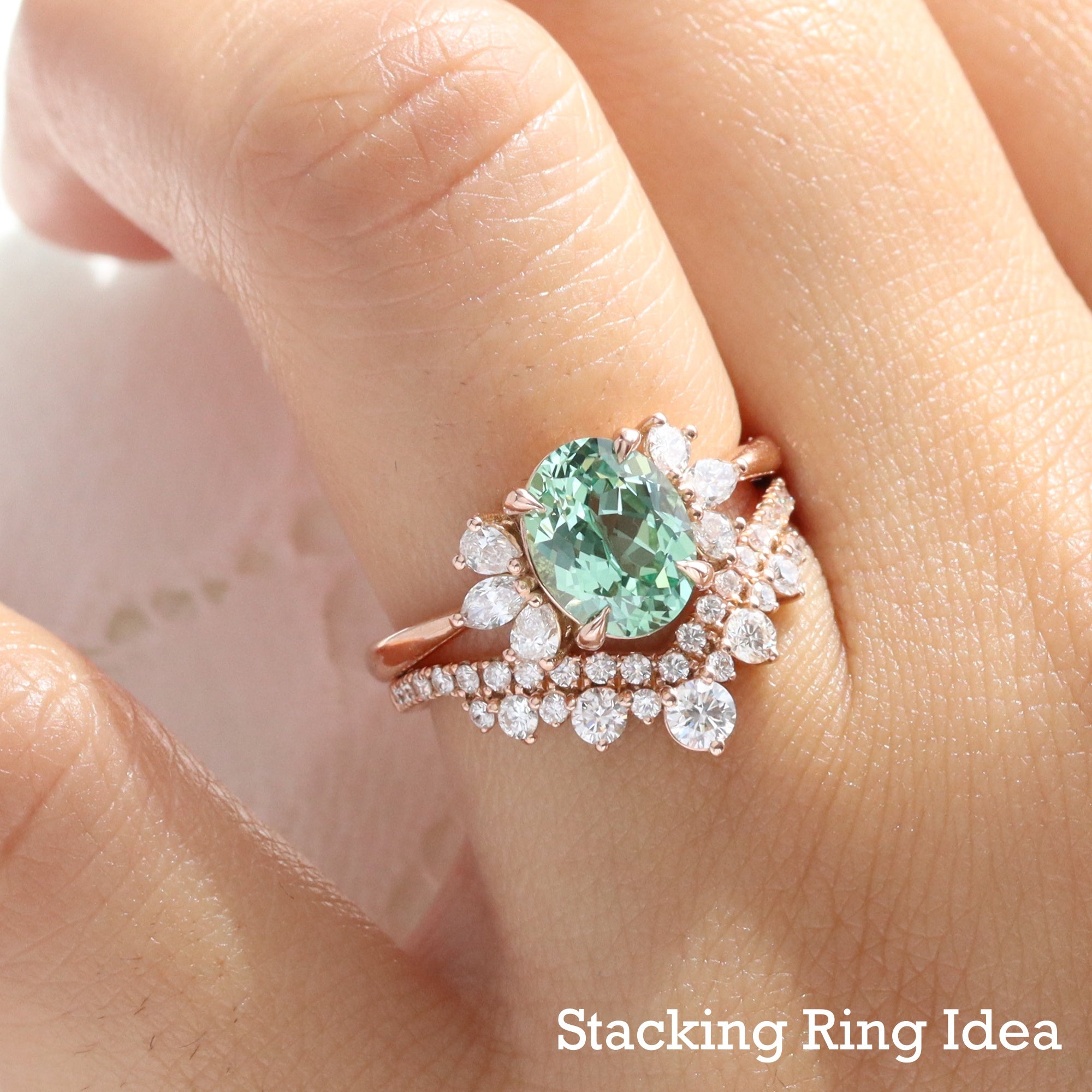 Green sapphire 3stone ring bridal set rose gold oval green sapphire and diamond ring stack la more design jewelry