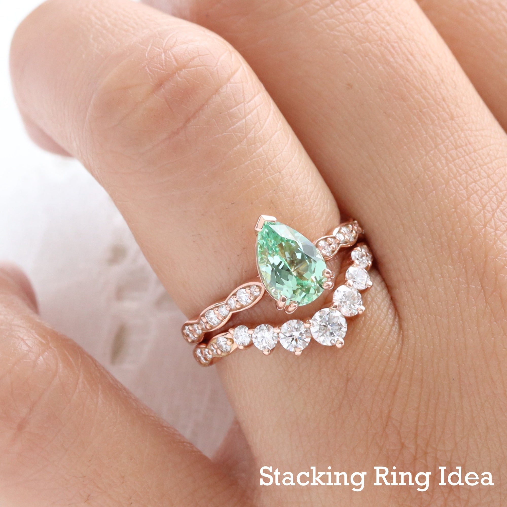 Green sapphire solitaire ring bridal set rose gold pear sapphire diamond engagement ring stack la more design jewelry