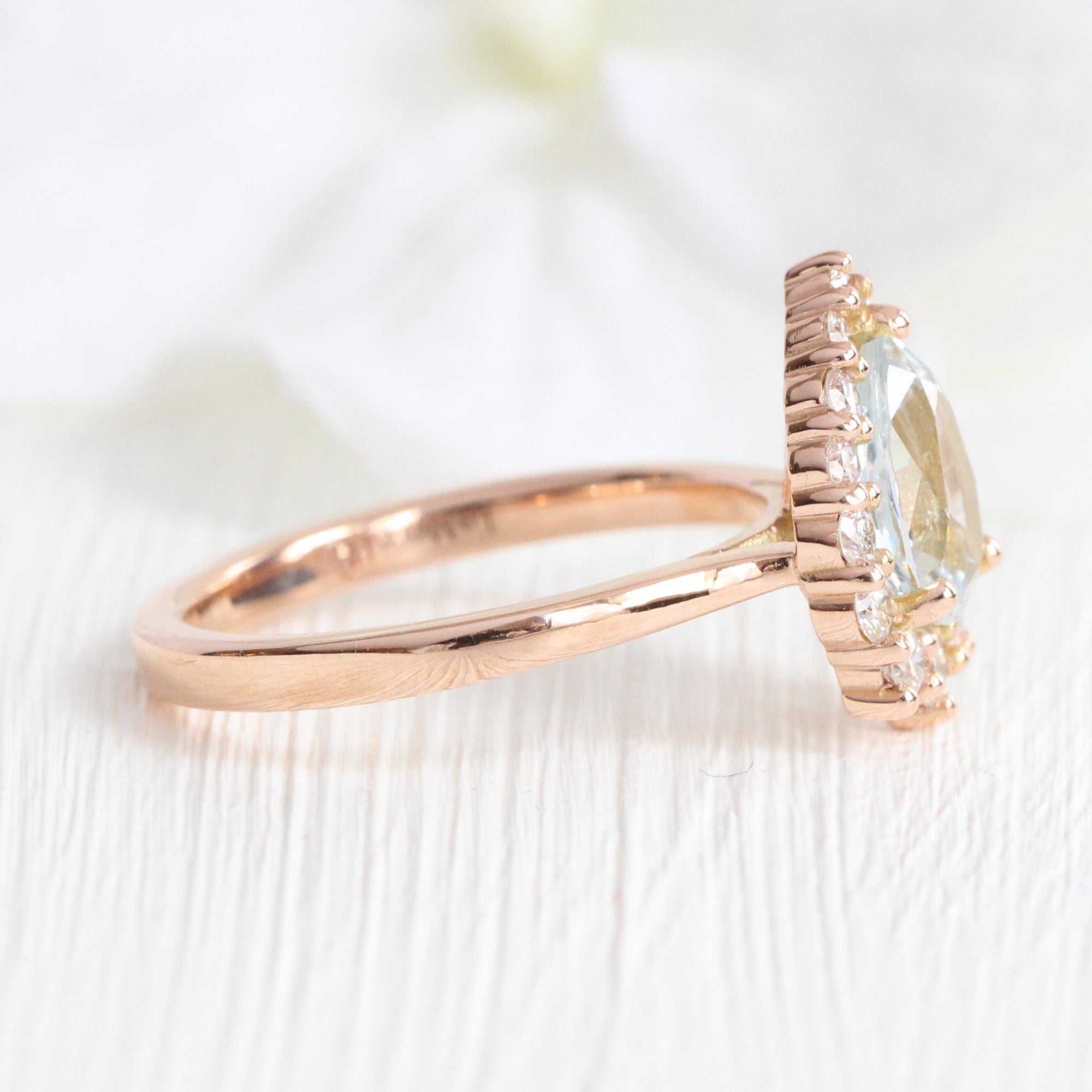 Halo diamond light aqua blue sapphire ring rose gold pear sapphire ring la more design jewelry