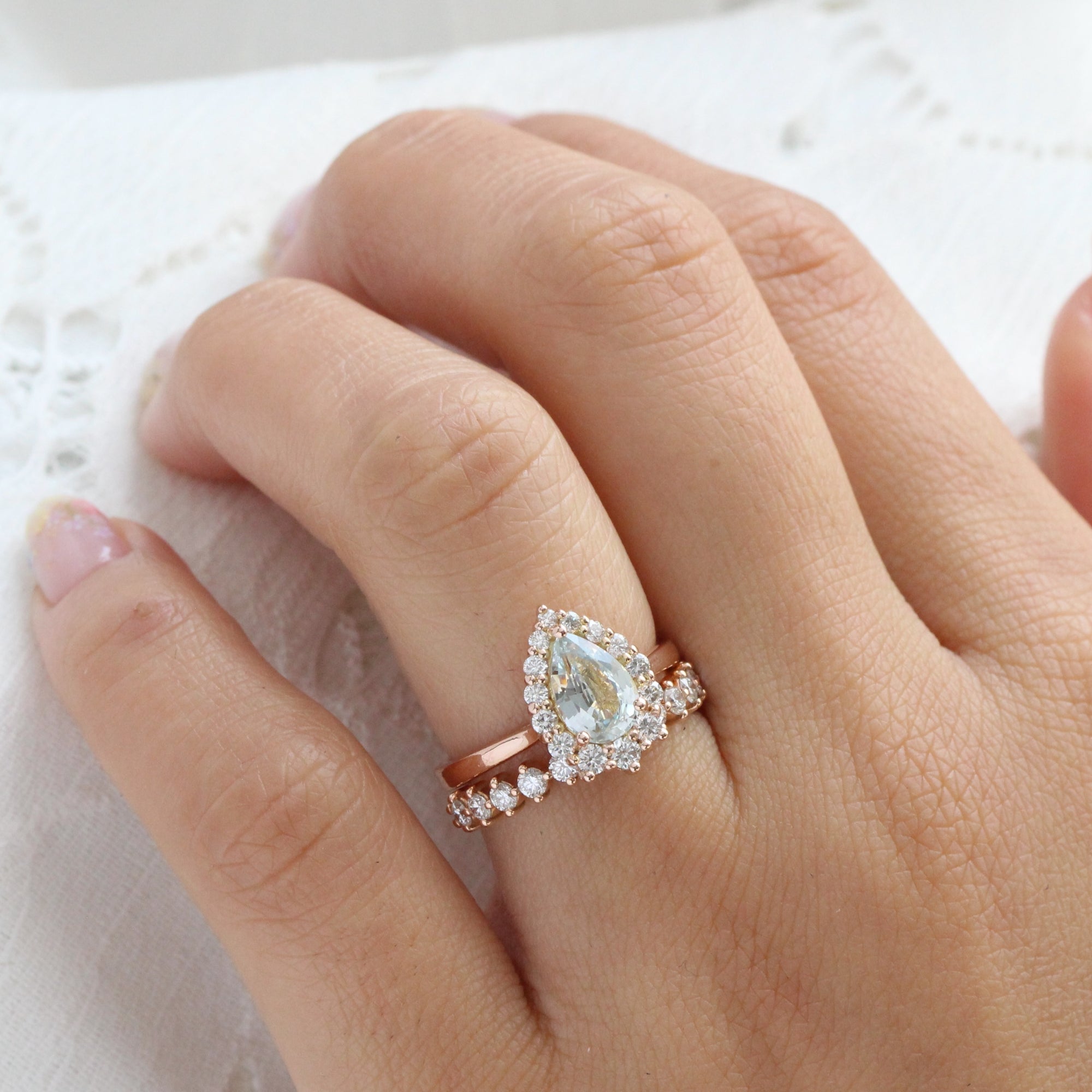 Halo diamond light aqua blue sapphire ring rose gold pear sapphire ring la more design jewelry