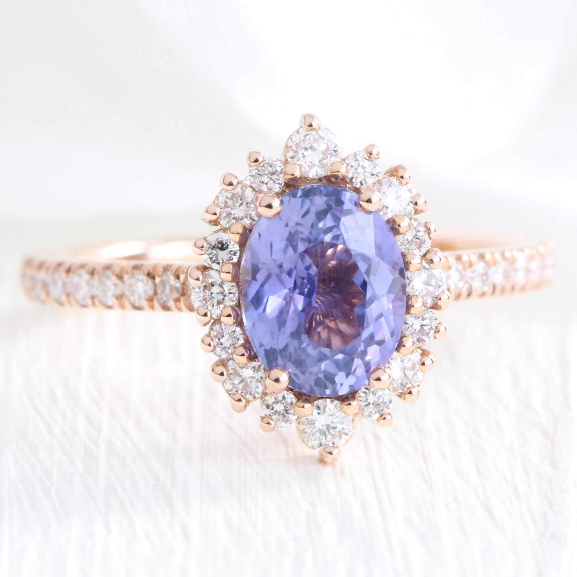 Halo diamond oval lavender sapphire ring rose gold purple sapphire diamond ring la more design jewelry