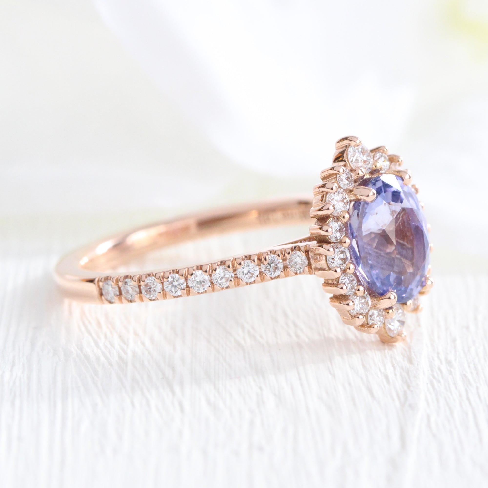 Halo diamond oval lavender sapphire ring rose gold purple sapphire diamond ring la more design jewelry