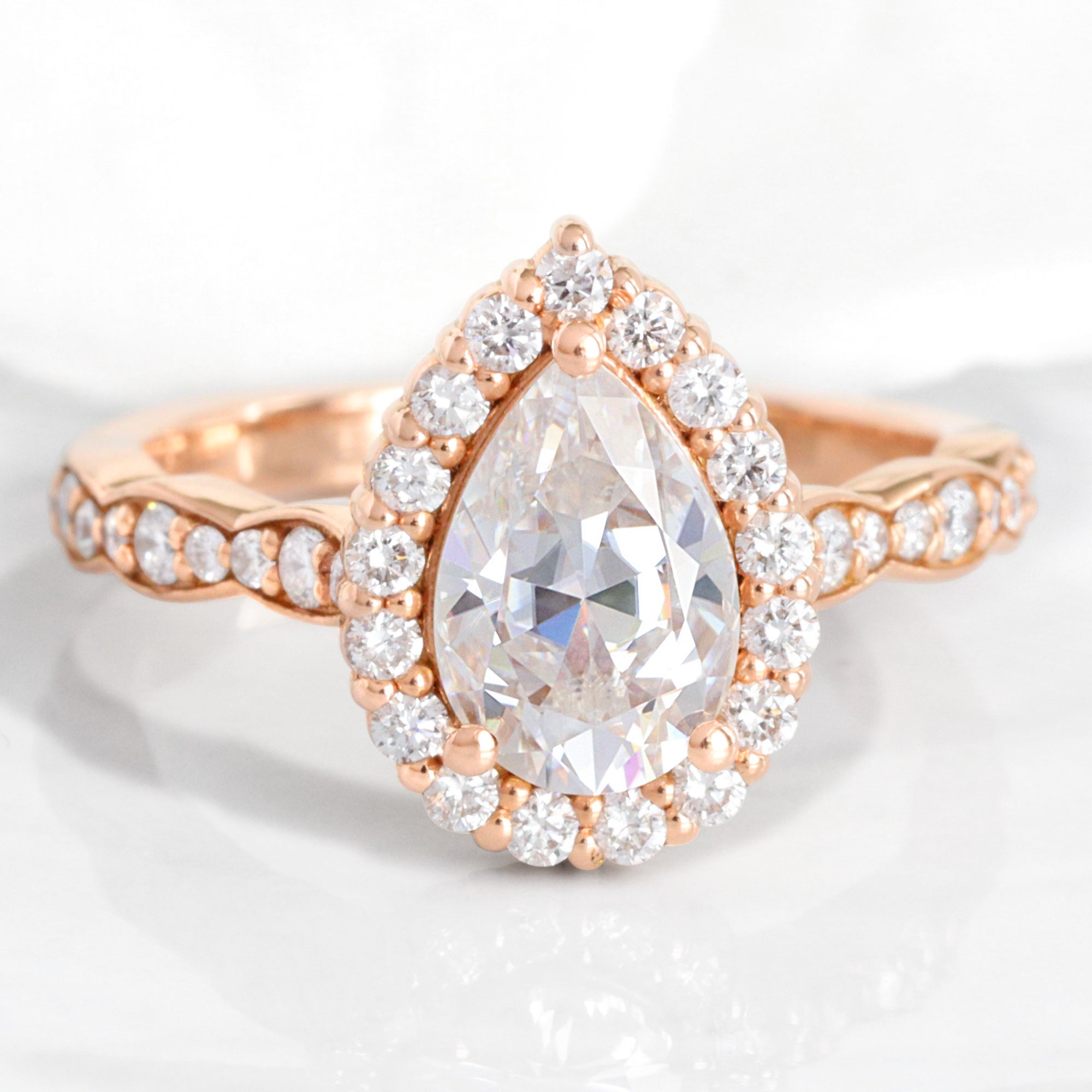 Halo diamond pear moissanite engagement ring rose gold moissanite diamond cluster ring la more design jewelry