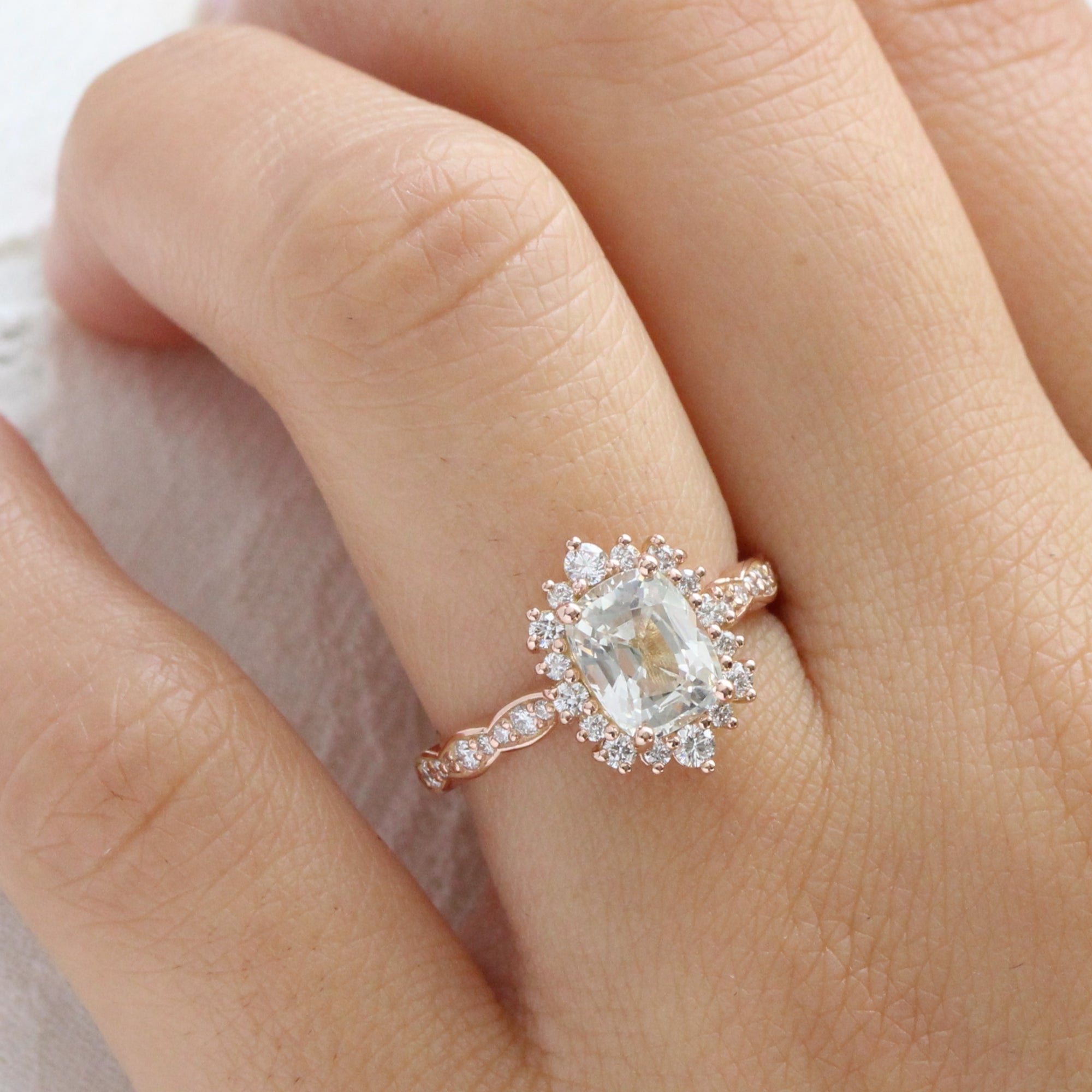 Halo diamond white sapphire ring rose gold cushion sapphire ring la more design jewelry