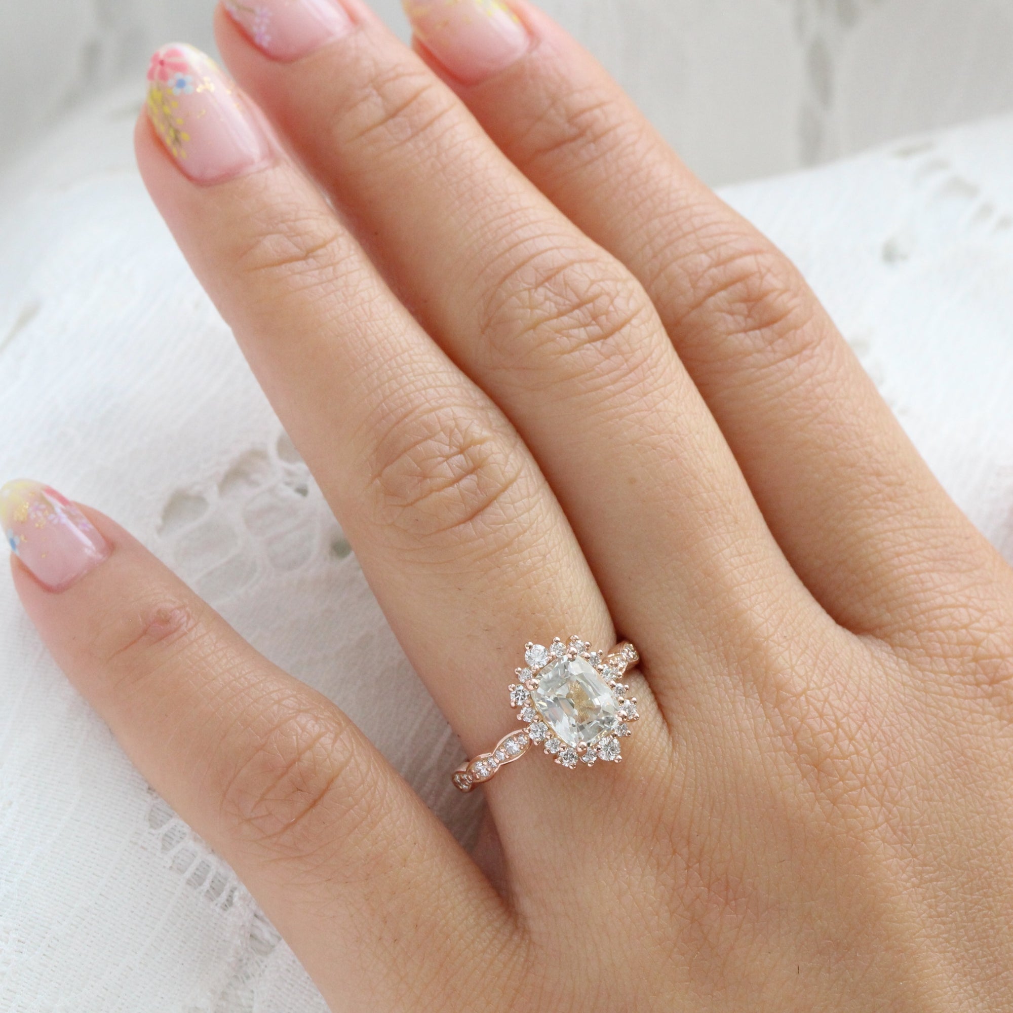 Halo diamond white sapphire ring rose gold cushion sapphire ring la more design jewelry