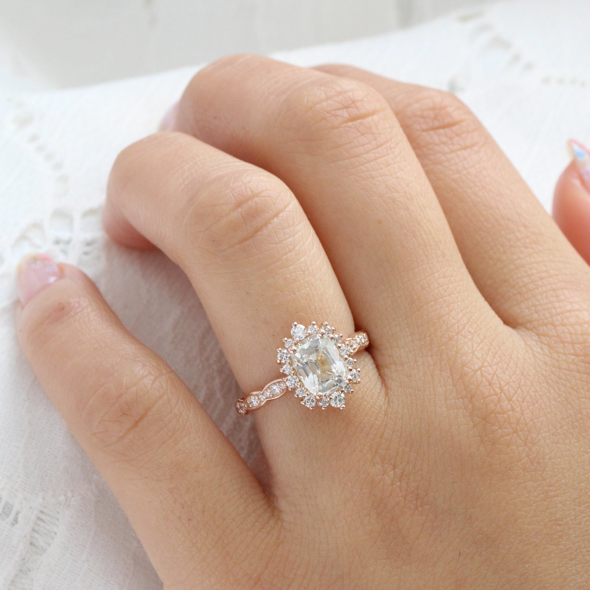 Halo diamond white sapphire ring rose gold cushion sapphire ring la more design jewelry