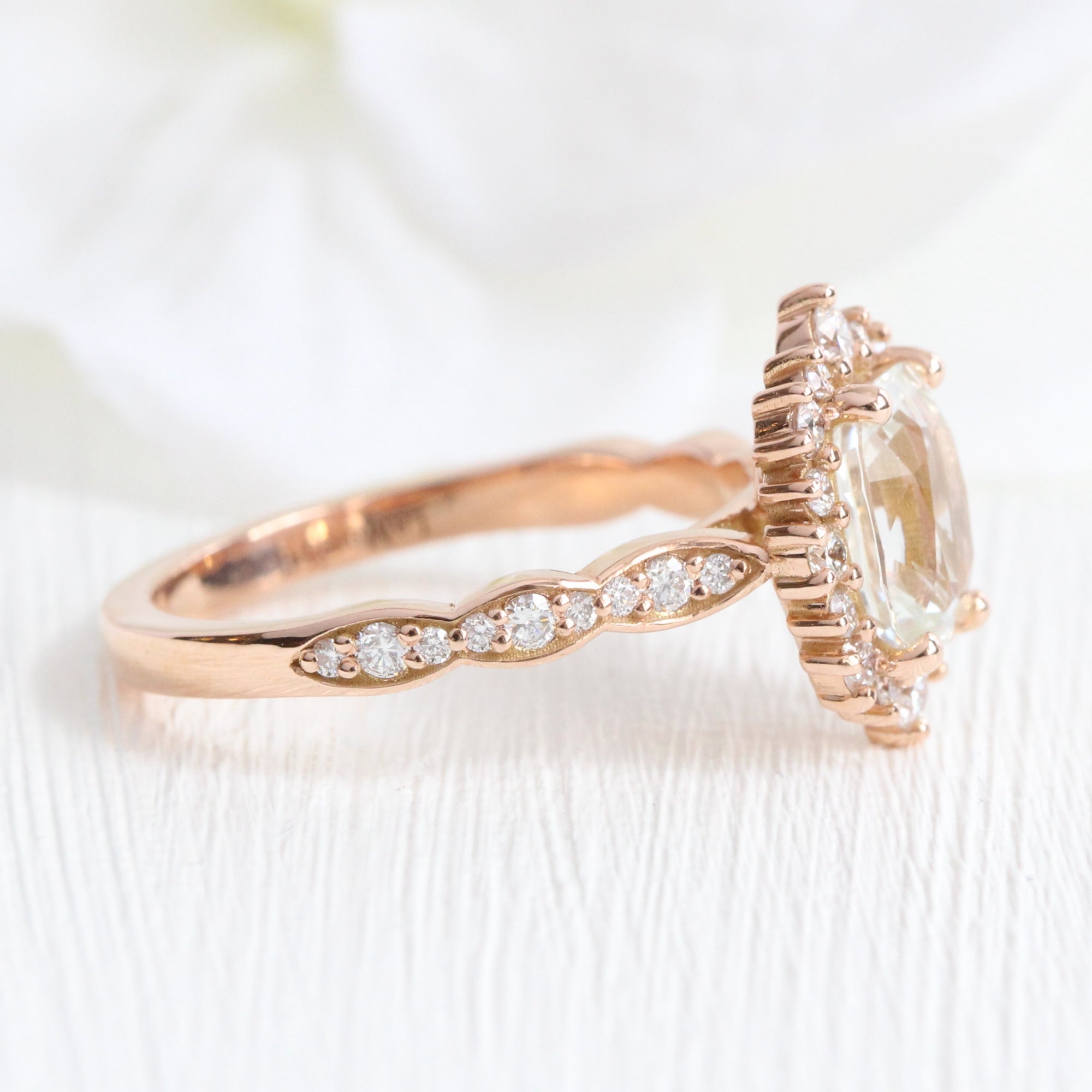 Halo diamond white sapphire ring rose gold cushion sapphire ring la more design jewelry