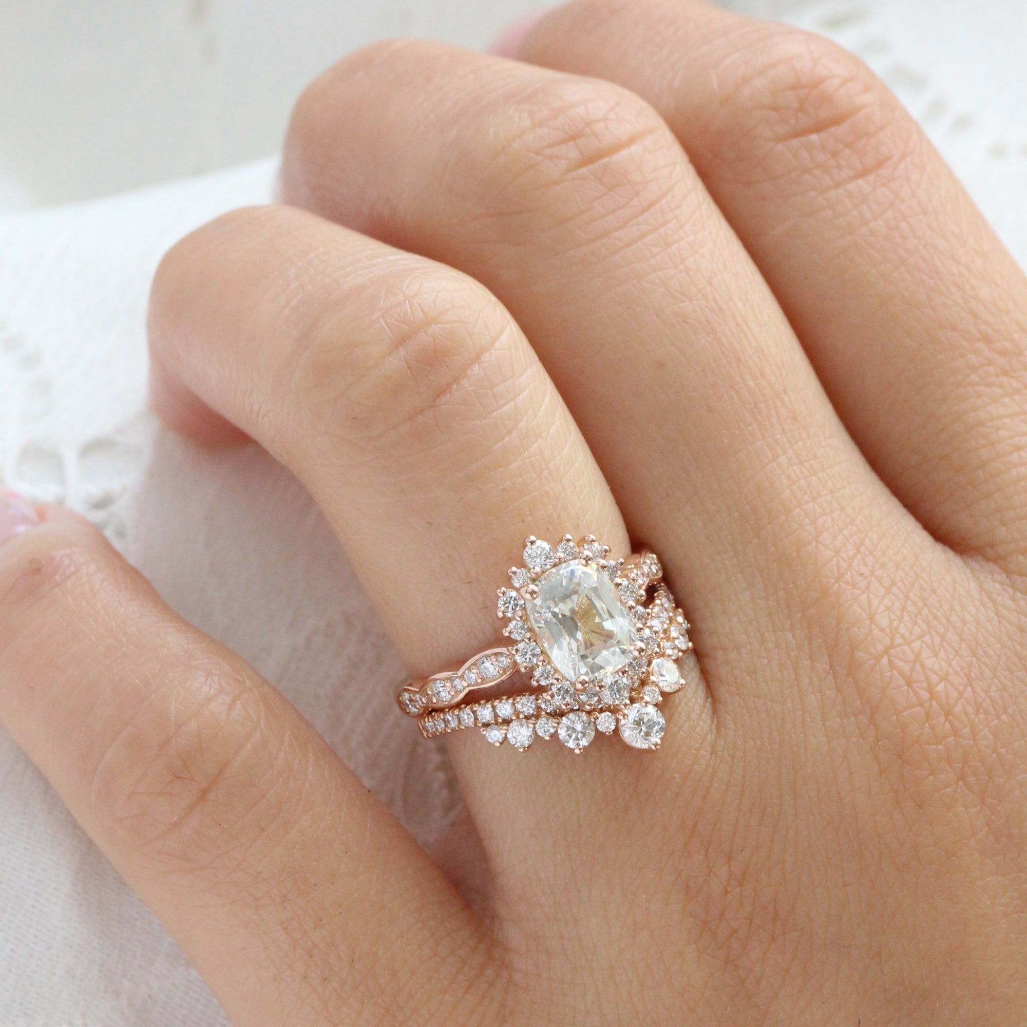 Halo diamond white sapphire ring rose gold cushion sapphire ring la more design jewelry