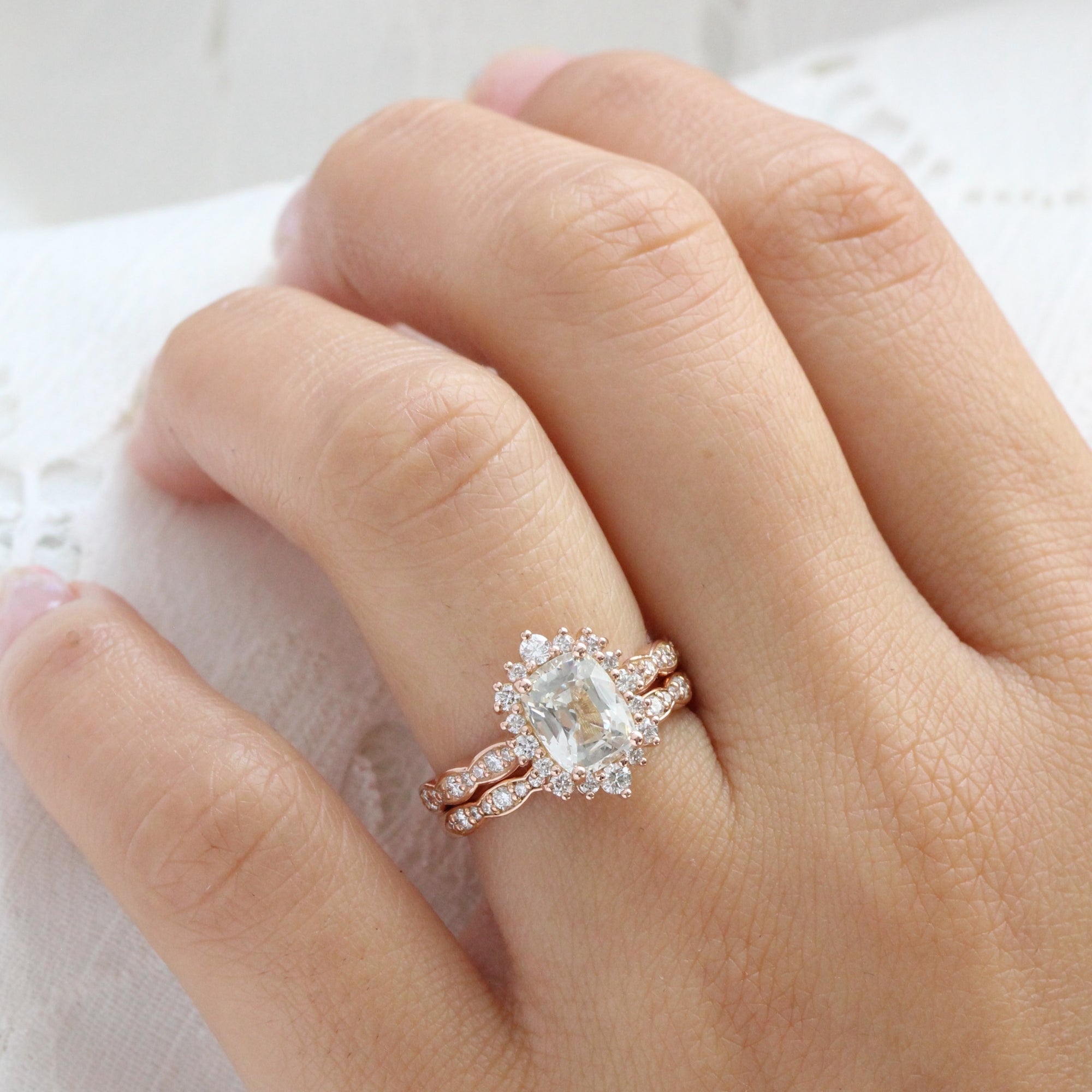 Halo diamond white sapphire ring rose gold cushion sapphire ring la more design jewelry