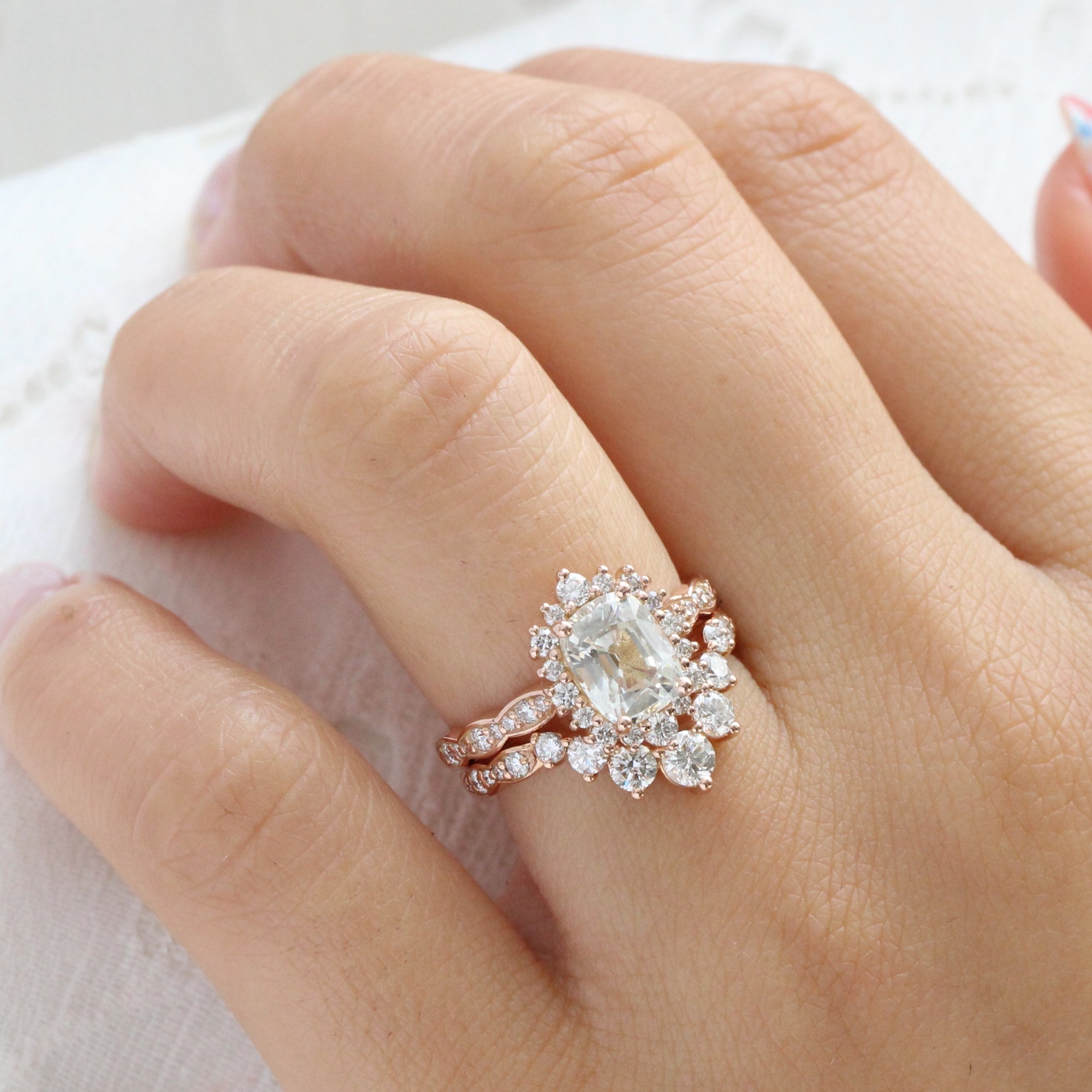 Halo diamond white sapphire ring rose gold cushion sapphire ring la more design jewelry