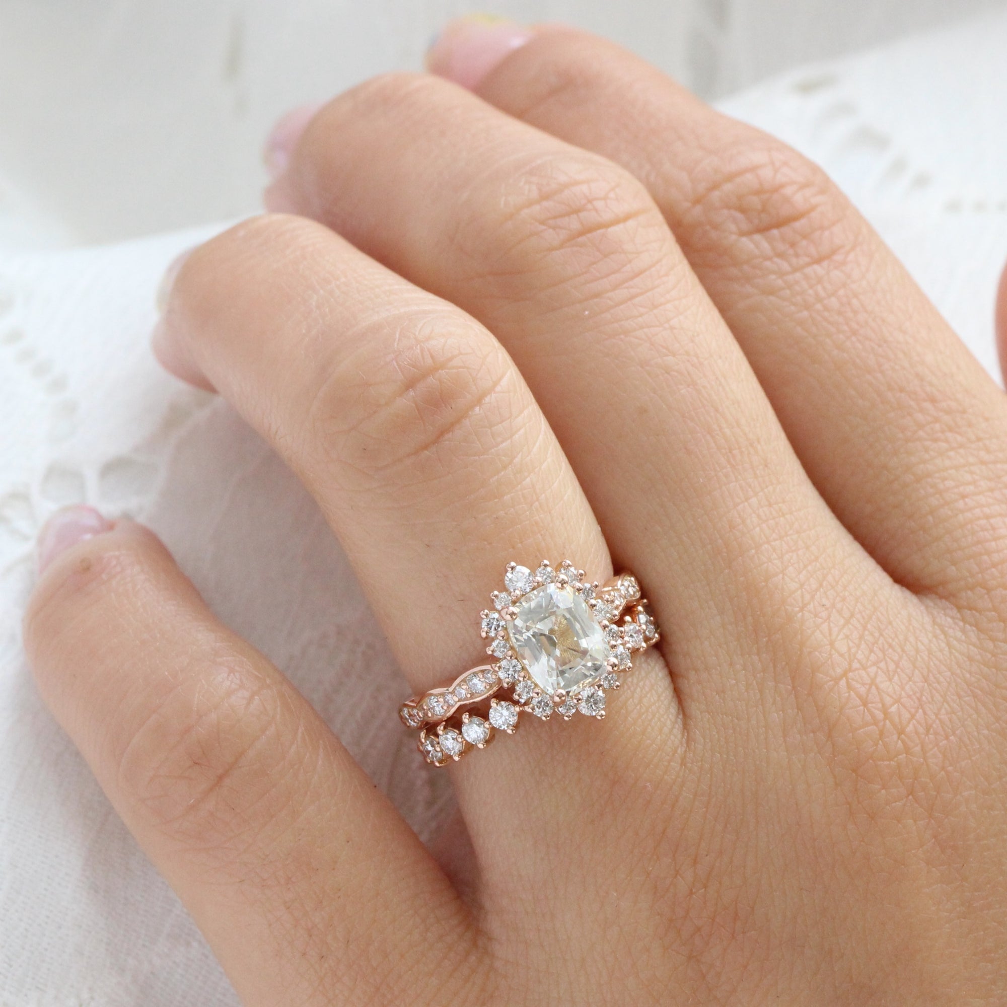 Halo diamond white sapphire ring rose gold cushion sapphire ring la more design jewelry