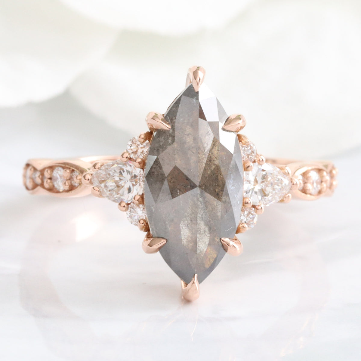 Large Marquise Salt and Pepper Diamond Ring Rose Gold Grey Diamond 3 Stone Ring la more design jewelry