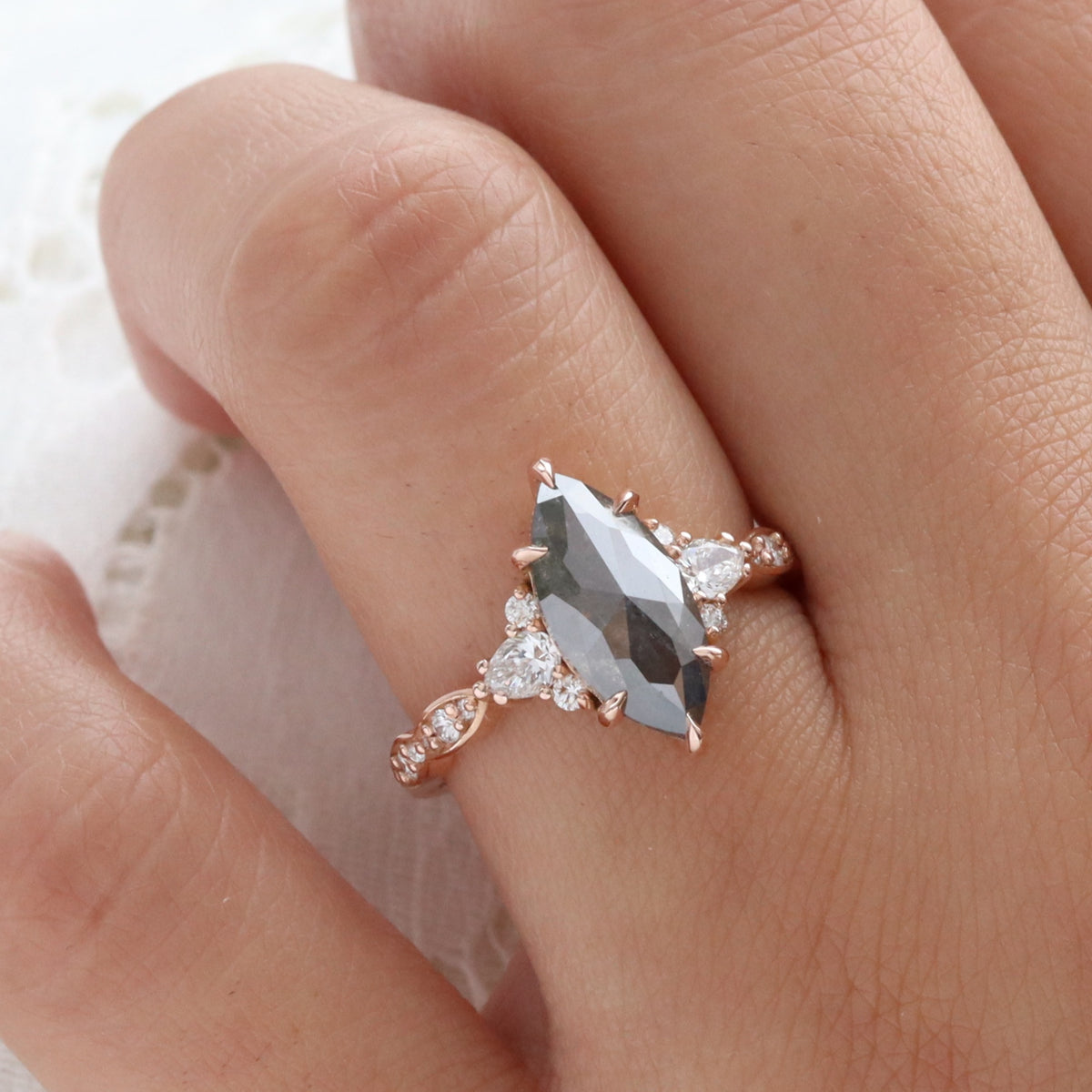 Large Marquise Salt and Pepper Diamond Ring Rose Gold Grey Diamond 3 Stone Ring la more design jewelry