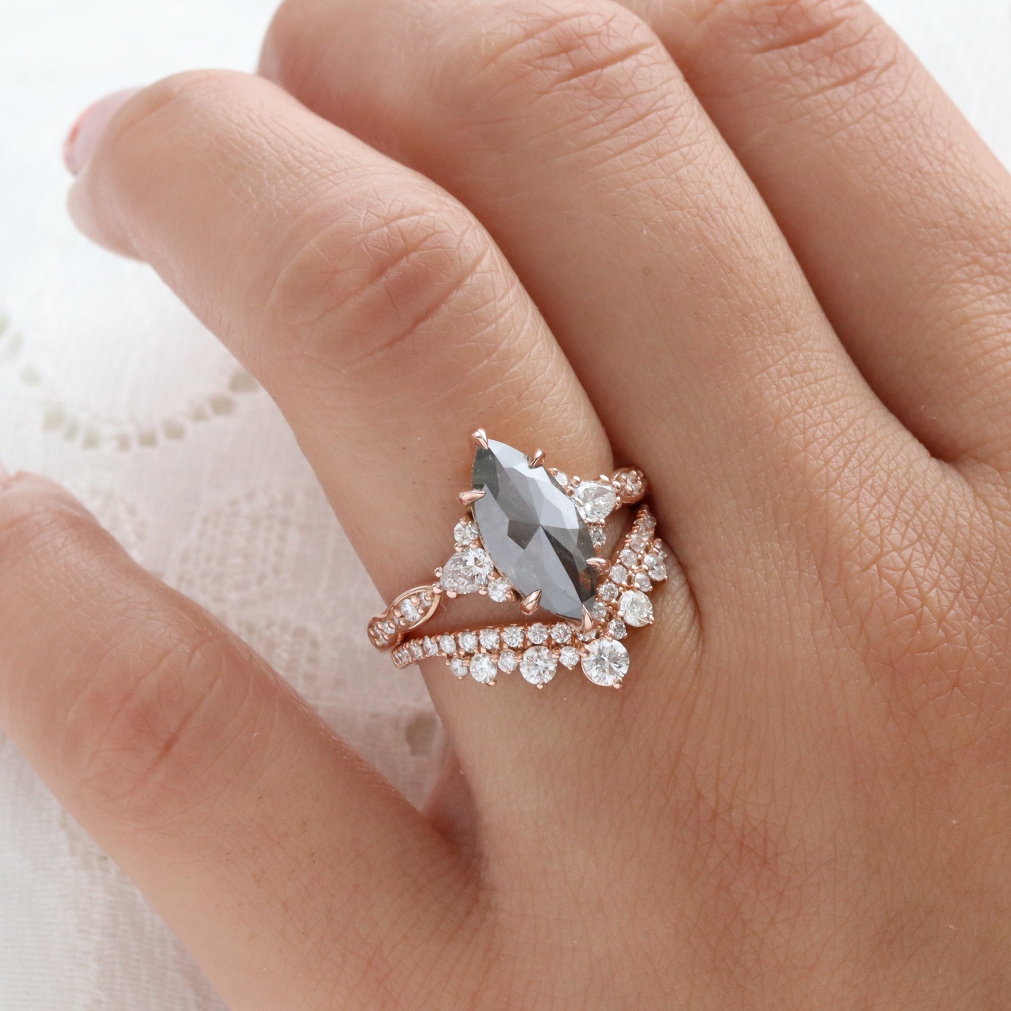 Large Marquise Salt and Pepper Diamond Ring Rose Gold Grey Diamond 3 Stone Ring la more design jewelry