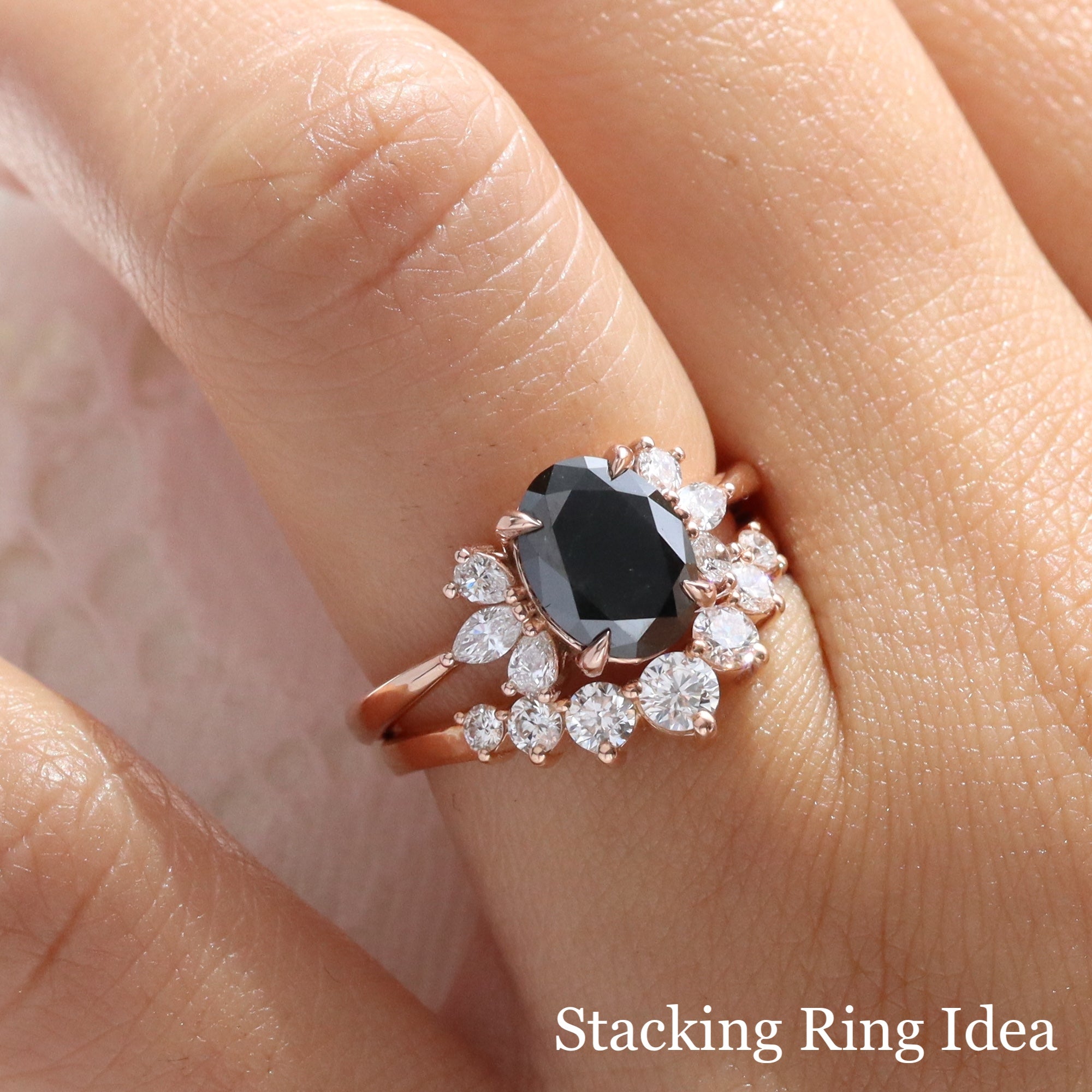 Large Oval black diamond ring bridal set rose gold 3 stone black diamond cluster ring stack la more design jewelry