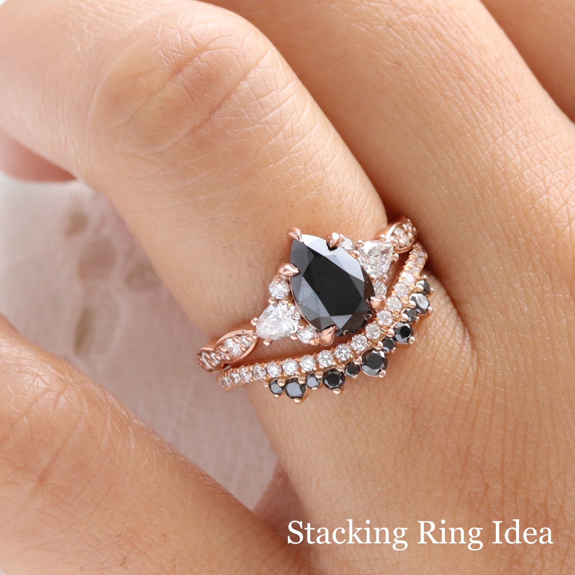 Pear black diamond ring bridal set rose gold 3 stone black diamond cluster ring stack la more design jewelry