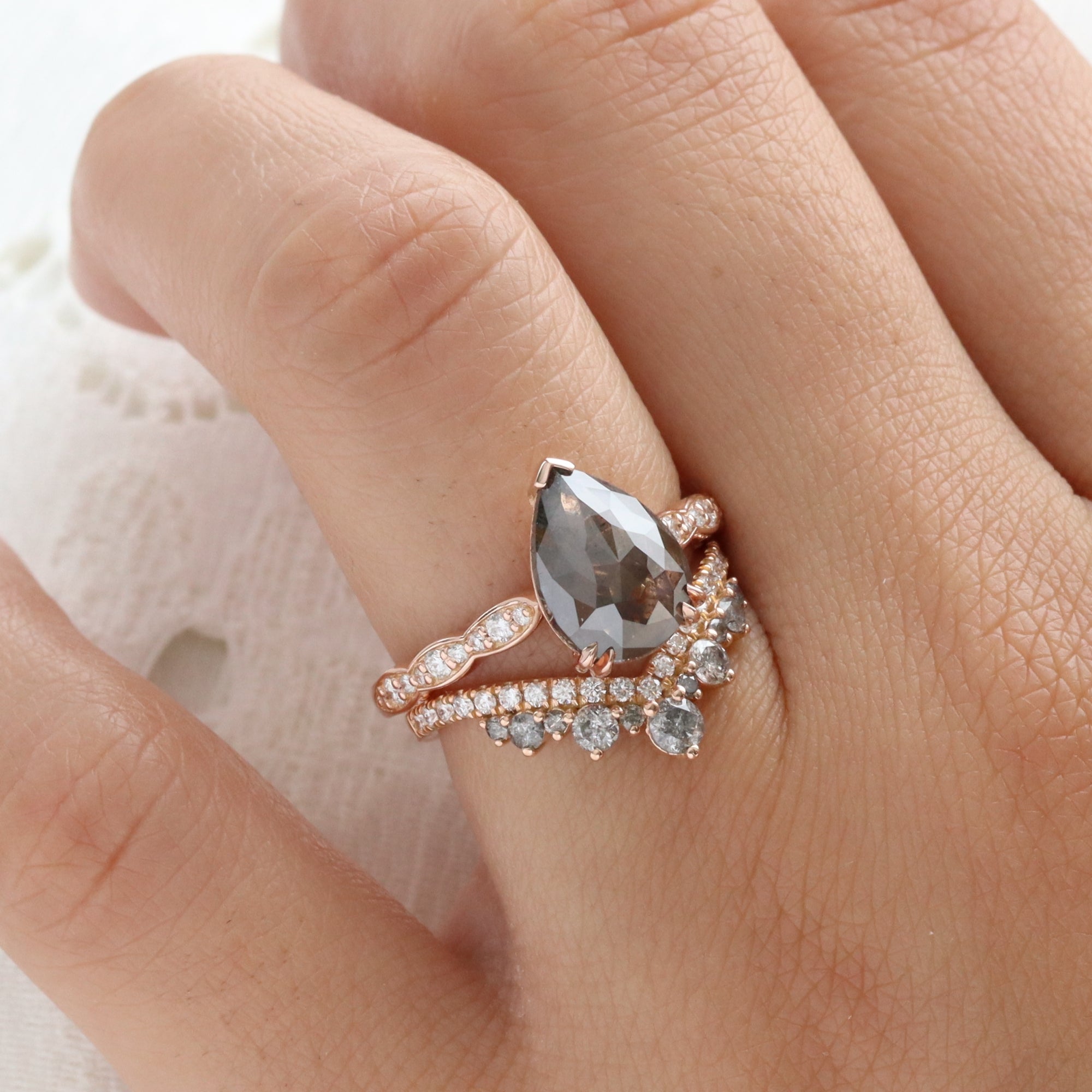 Large Salt and Pepper Diamond Ring Rose Gold Pear Grey Diamond Solitaire Ring la more design jewelry