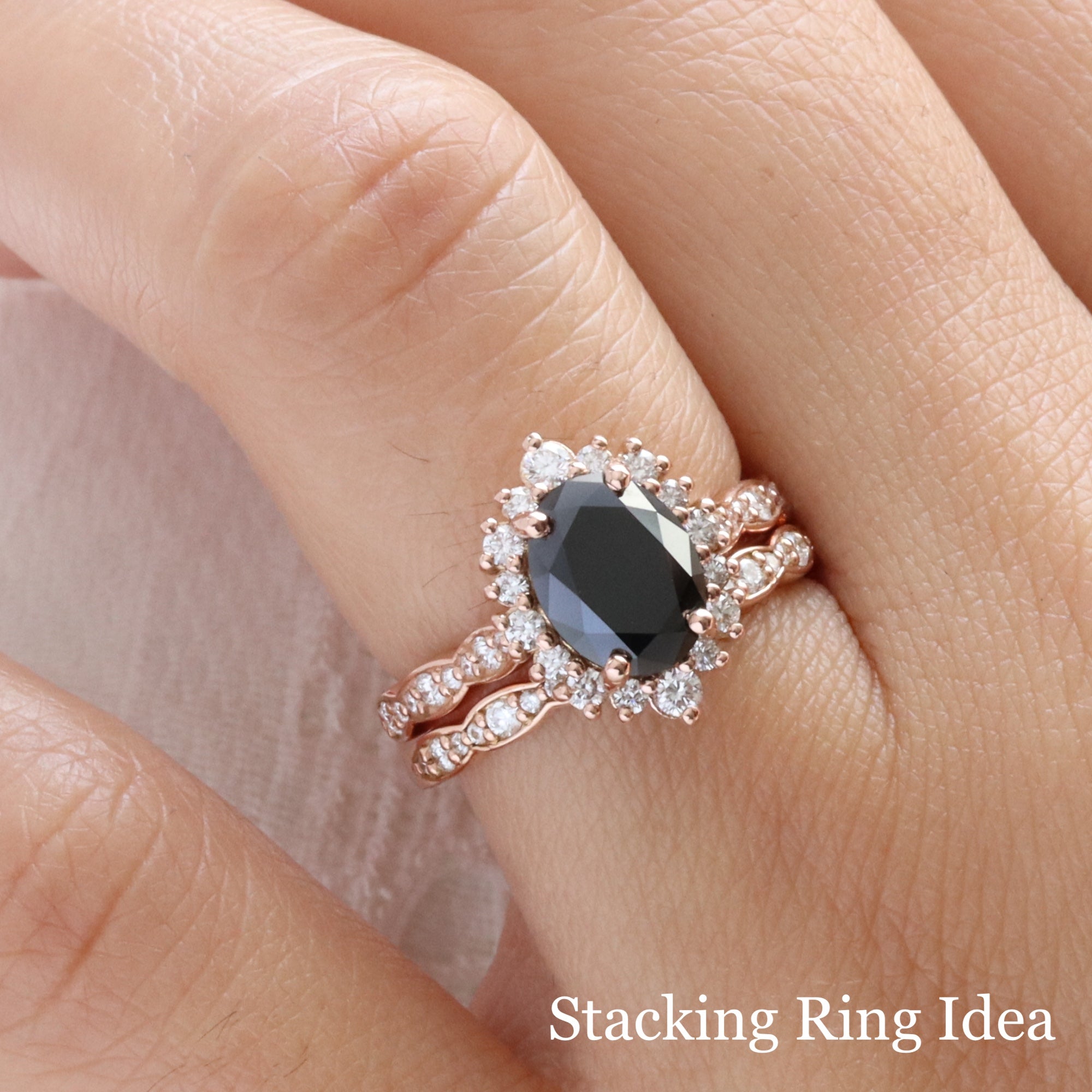 Unique black diamond ring bridal set rose gold oval black diamond halo ring stack la more design jewelry