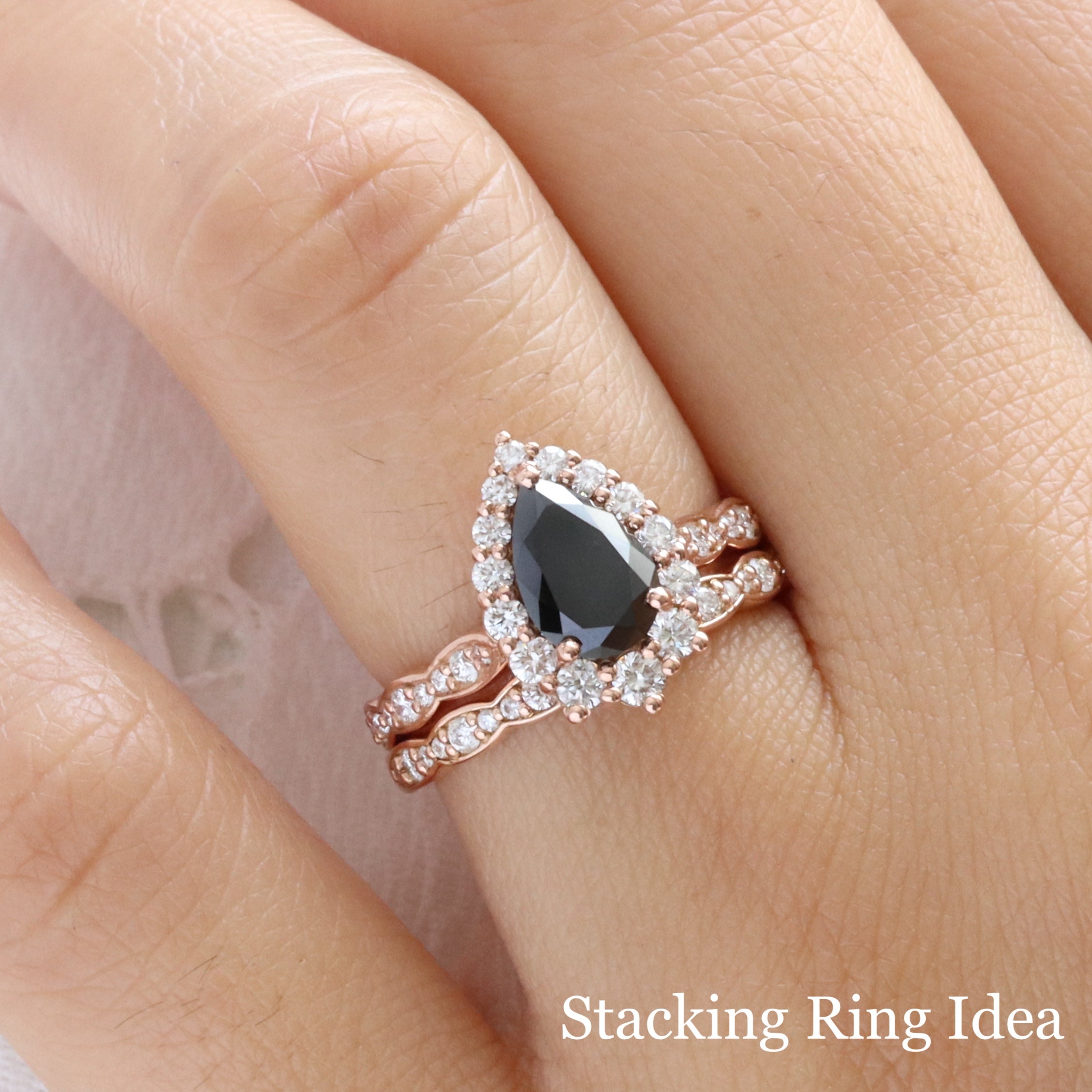 Pear shaped black diamond ring bridal set rose gold pear black diamond halo ring stack la more design jewelry