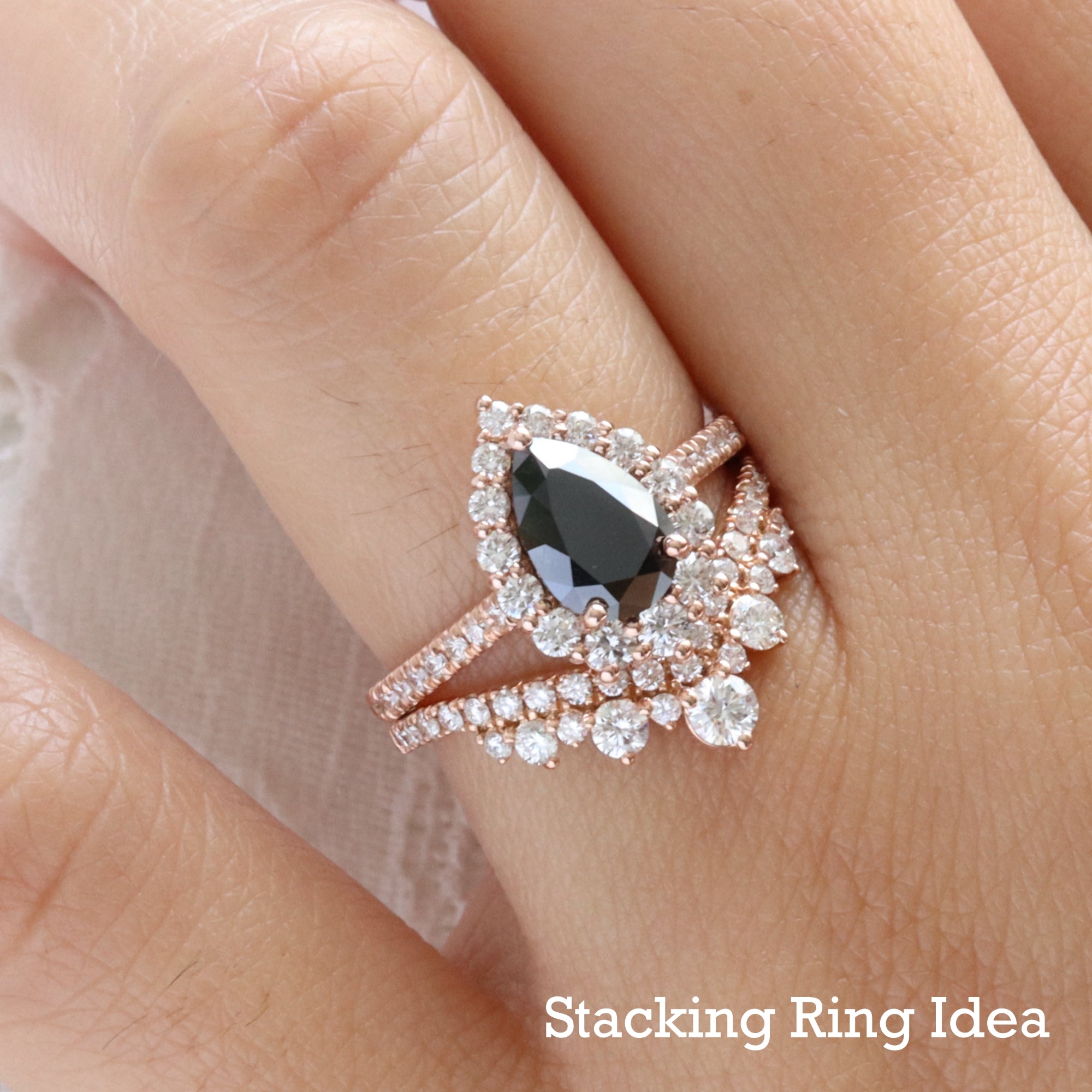 Unique black diamond ring bridal set rose gold pear black diamond halo ring stack la more design jewelry