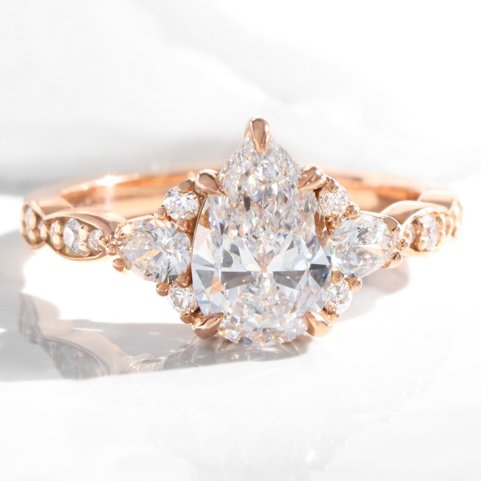 Large lab grown diamond 3 stone engagement ring rose gold cluster pear diamond ring la more design jewelry